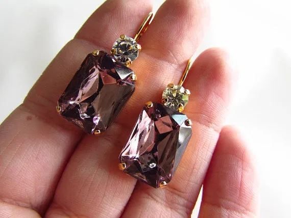 Light Amethyst Purple Crystal Earrings - Large Octagon 2 stone