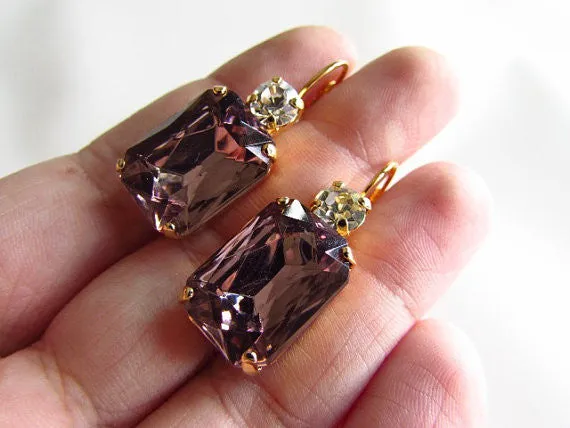 Light Amethyst Purple Crystal Earrings - Large Octagon 2 stone