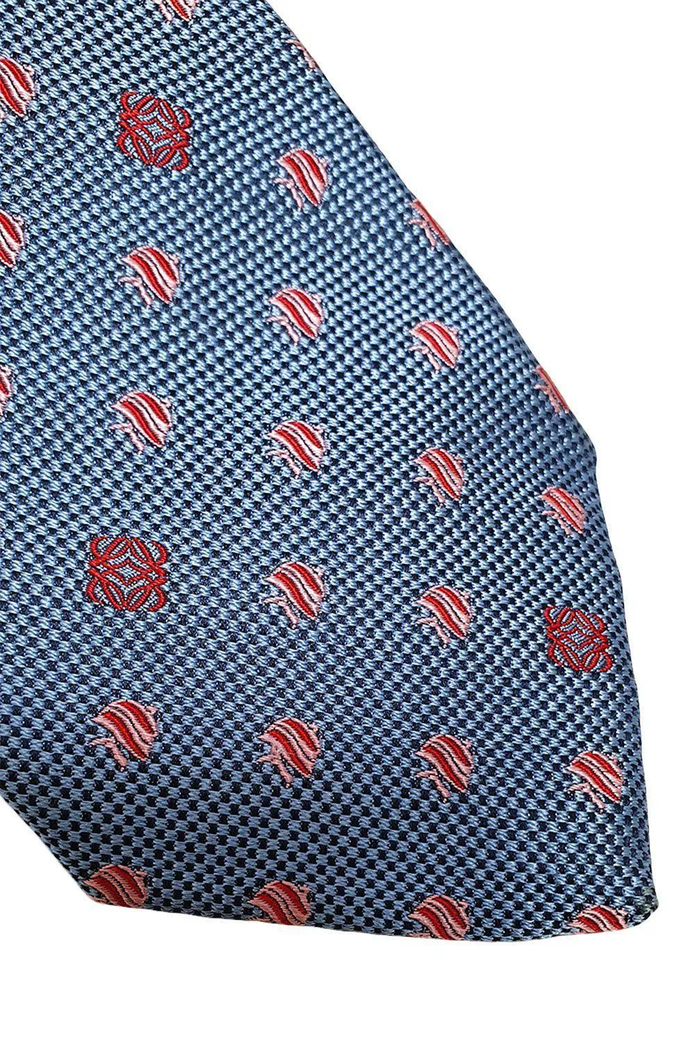 LOEWE 100% Silk Sky Blue Tie Pink Logo Fish Repeat (60 L | 3.4 W)