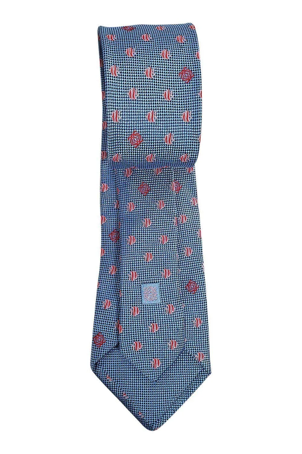 LOEWE 100% Silk Sky Blue Tie Pink Logo Fish Repeat (60 L | 3.4 W)