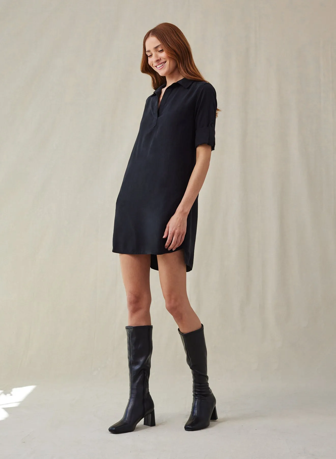 Long Sleeve A-Line Shirt Dress - Vintage Black