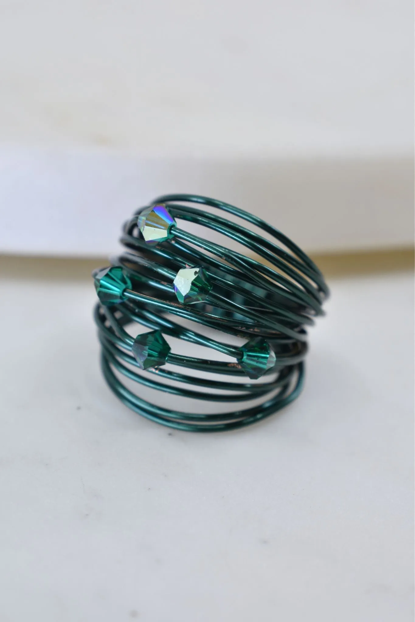 Marcia Green Wire Wrap Ring with Forest Green Swarovski Crystals