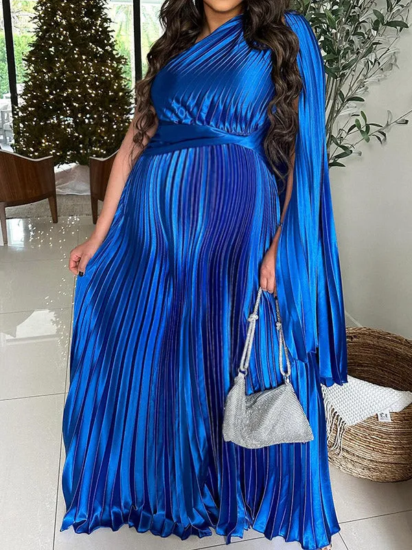 Momnfancy Elegant Blue Pleated Side Draped Irregular Oblique Shoulder Floor Mopping Big Swing Flowy Maternity Occasion Maxi Dress