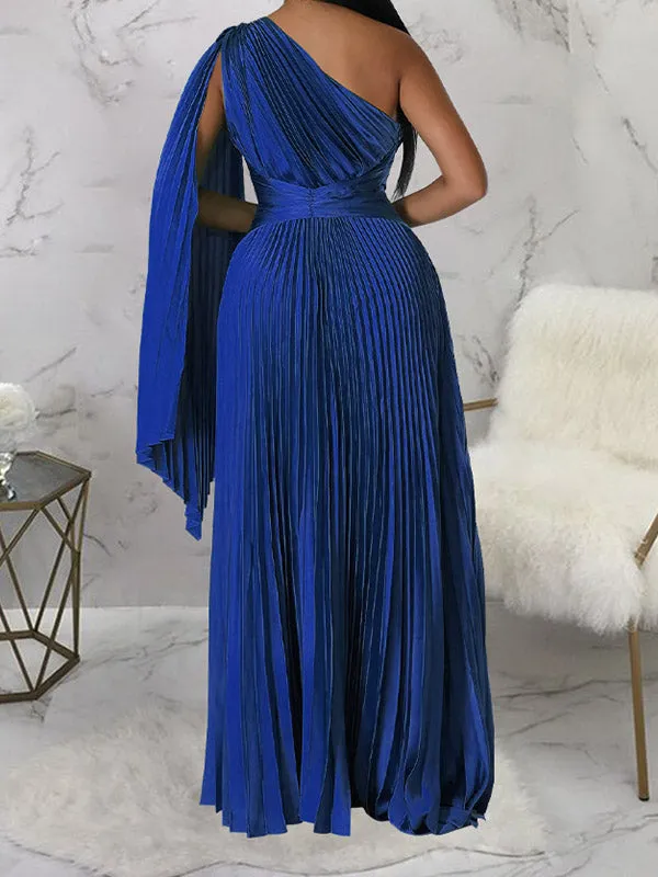 Momnfancy Elegant Blue Pleated Side Draped Irregular Oblique Shoulder Floor Mopping Big Swing Flowy Maternity Occasion Maxi Dress