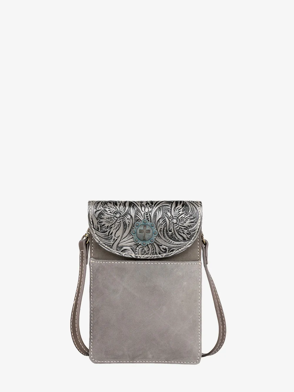 Montana West Floral Tooled Genuine Leather Concho Belt Loop Crossbody Phone Holster Pouch