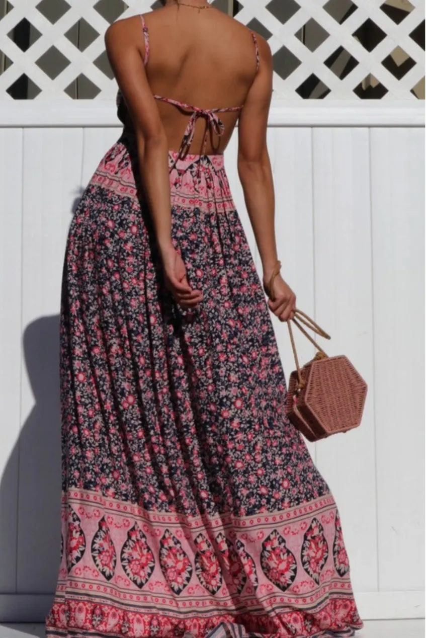 Navy And Pink Paisley Maxi Dress