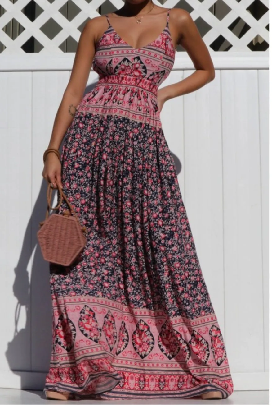 Navy And Pink Paisley Maxi Dress