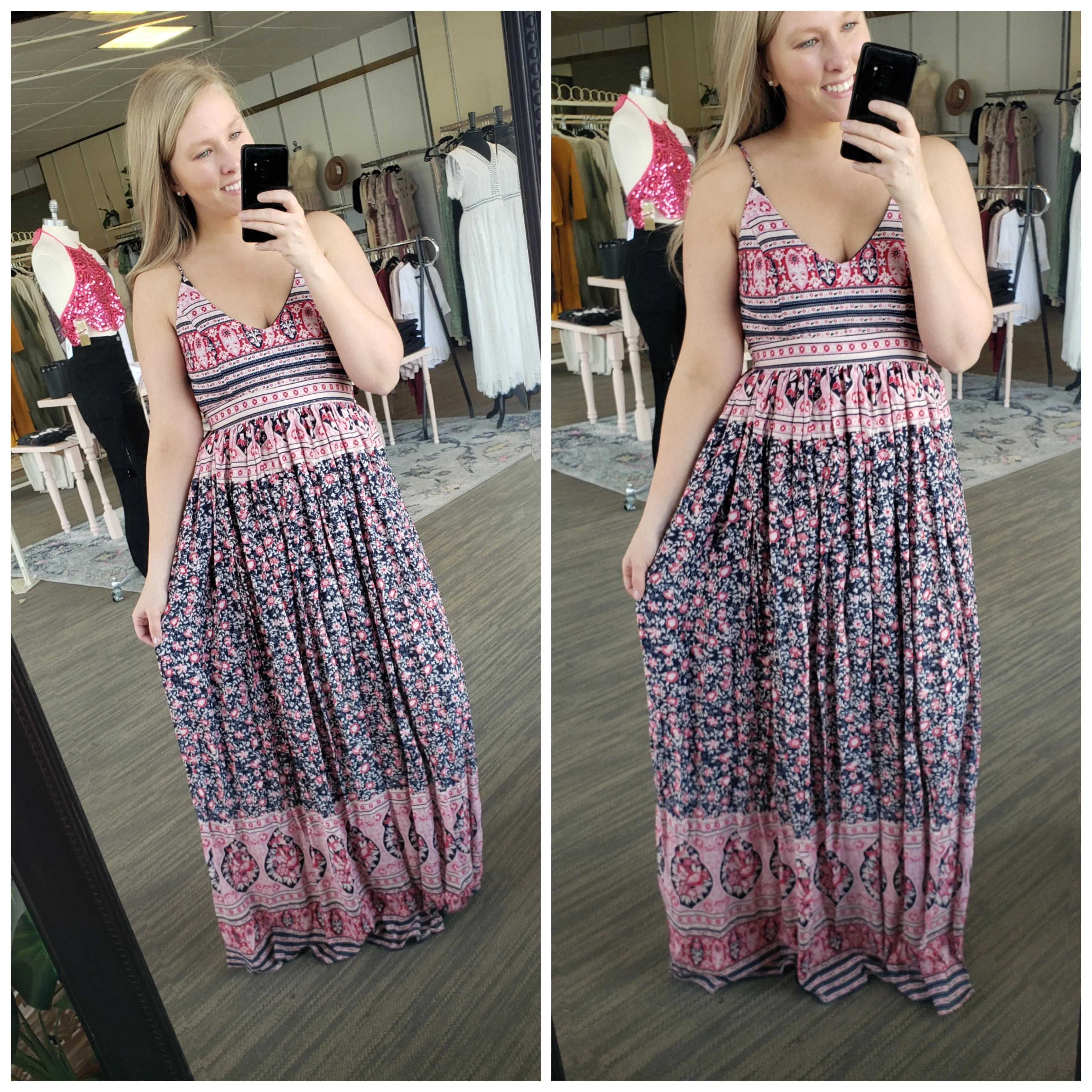 Navy And Pink Paisley Maxi Dress