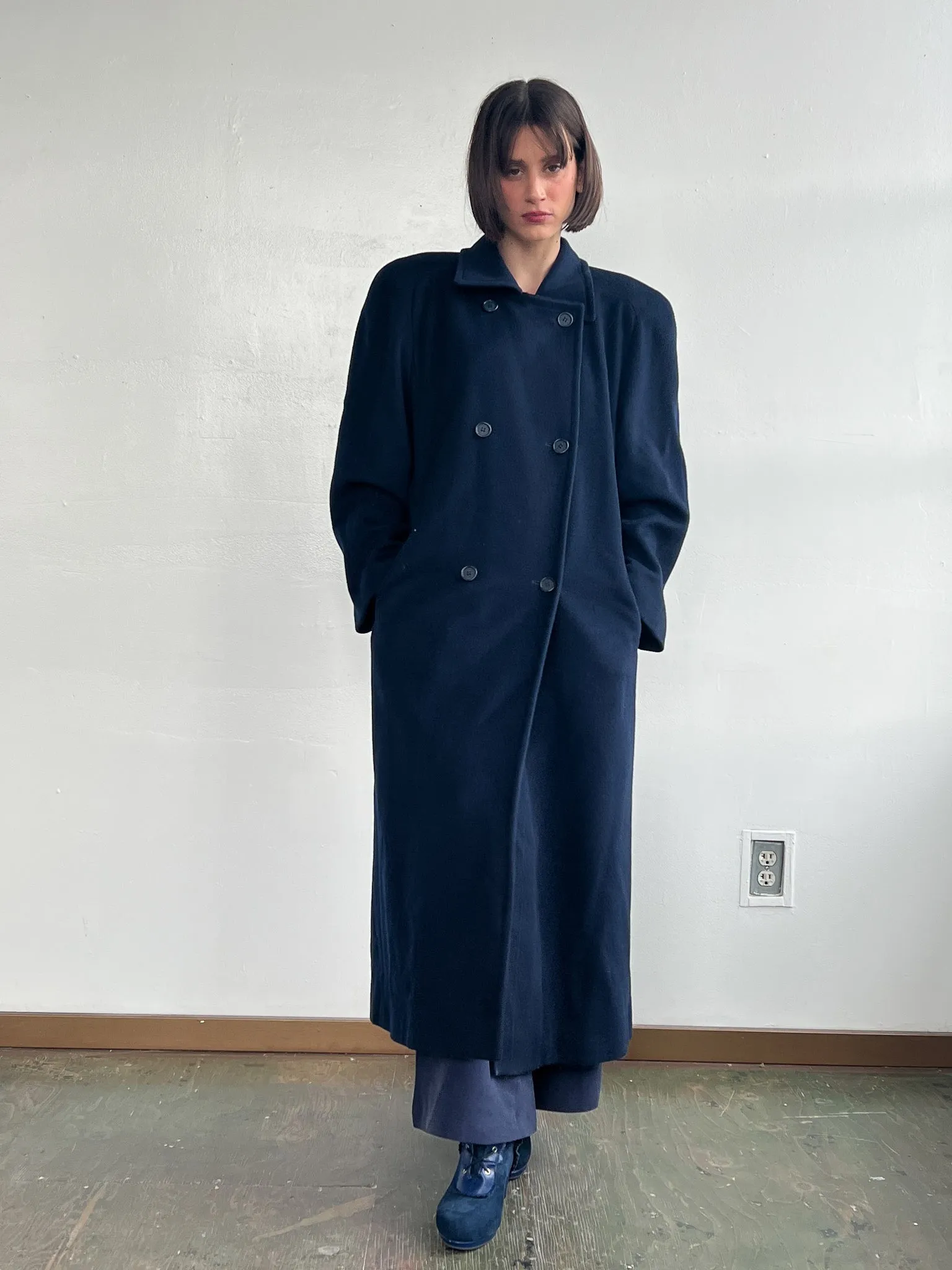 Navy Double Breasted Wool Overcoat (L)