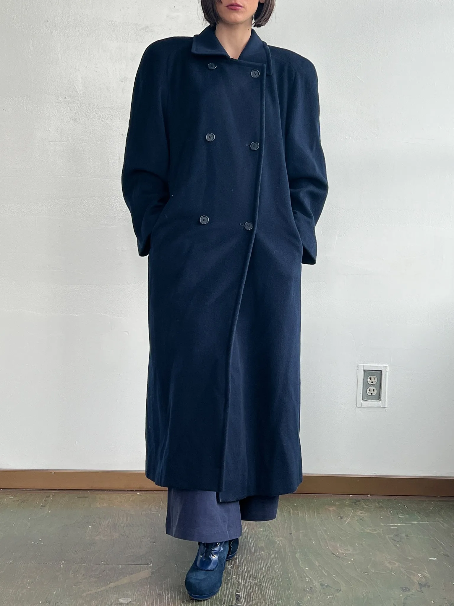 Navy Double Breasted Wool Overcoat (L)