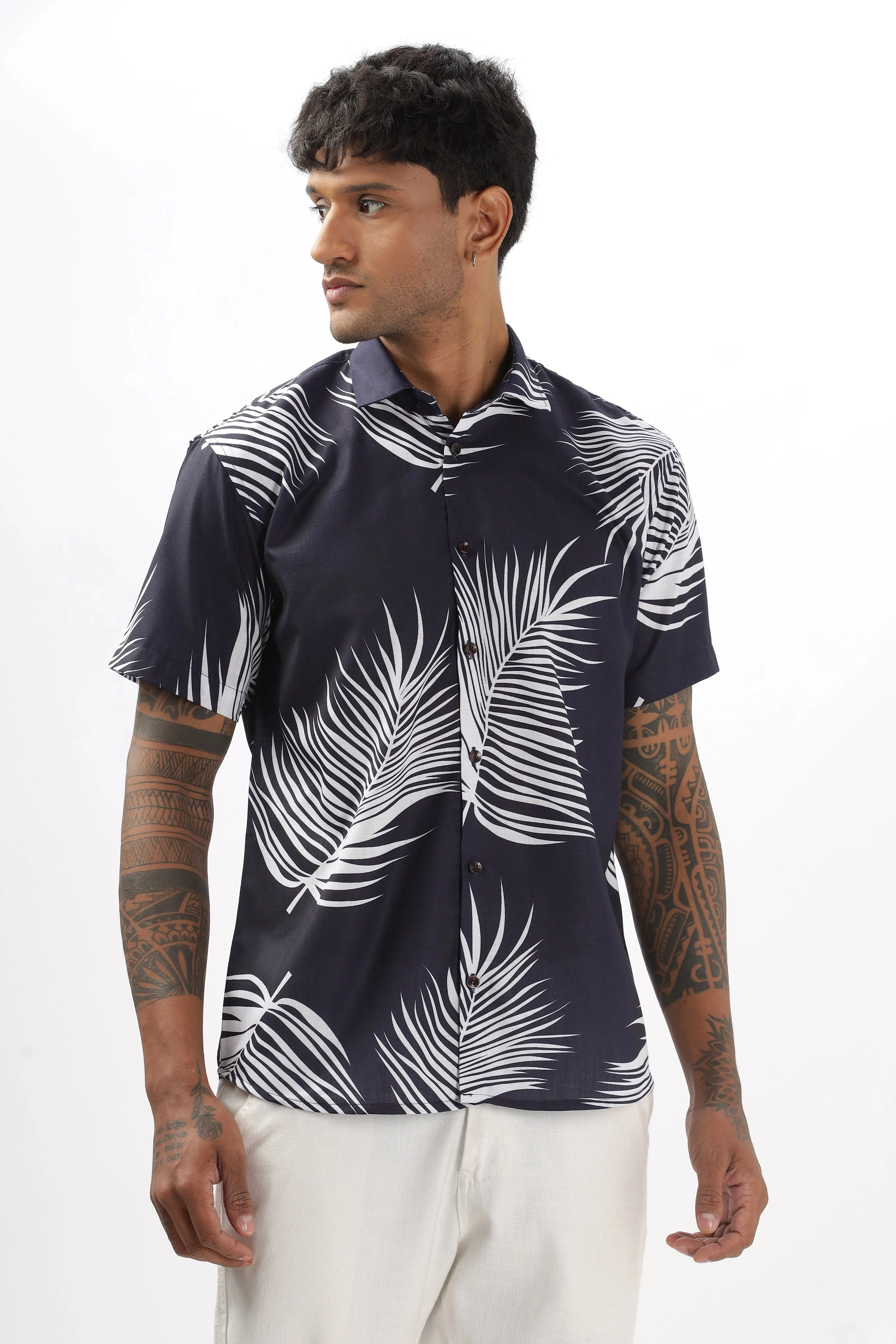 Navy palm leaves printed shirt