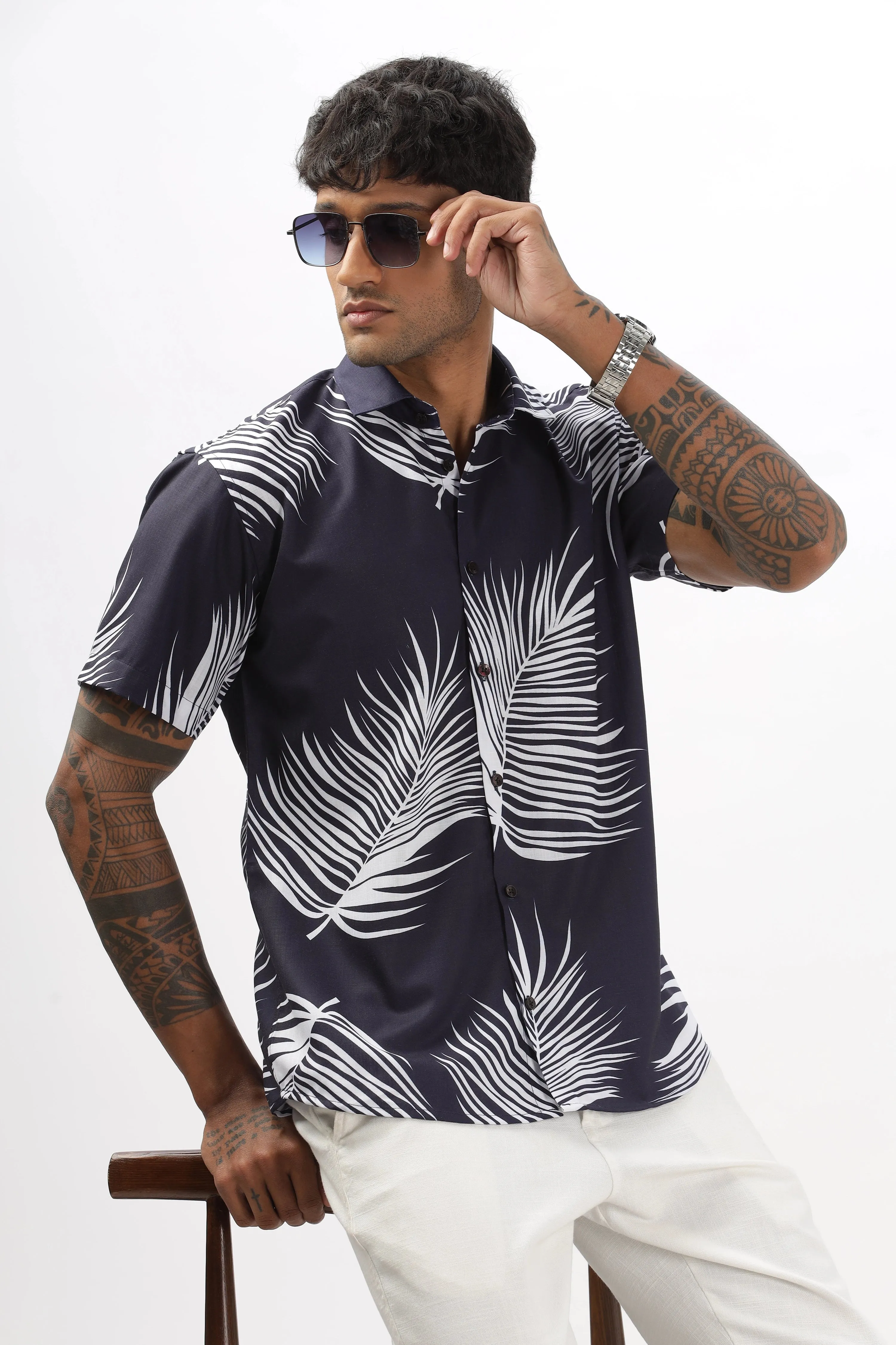 Navy palm leaves printed shirt