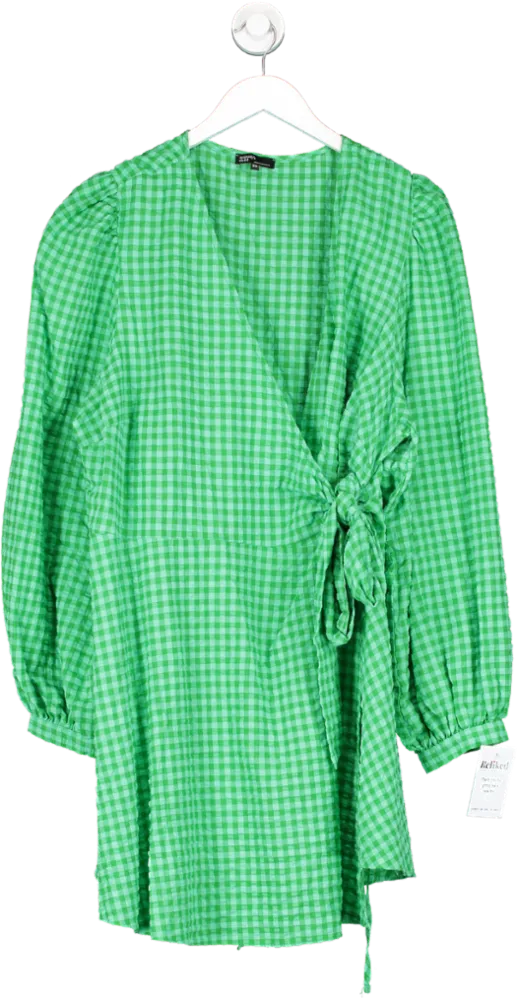 Nobody's Child Green Tie Waist Puff Sleeve Gingham Mini Dress UK 22