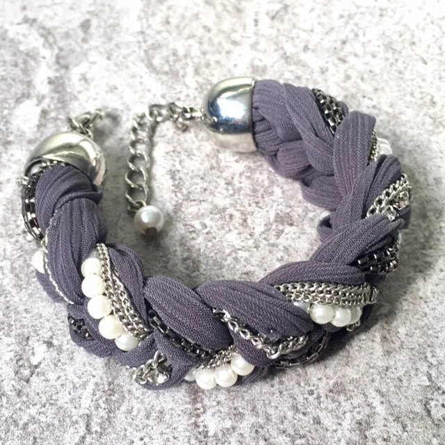 PEARL AND DIAMANTE PLAITED / BRAIDED FABRIC BRACELET