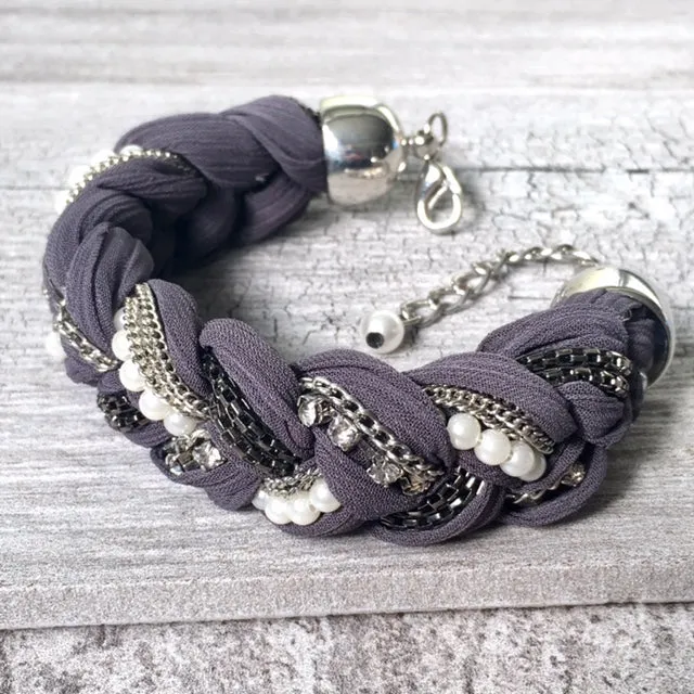 PEARL AND DIAMANTE PLAITED / BRAIDED FABRIC BRACELET