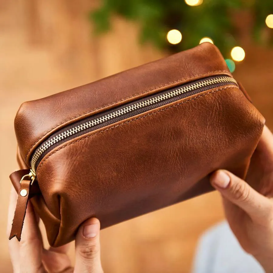 Personalised Compact Leather Wash Bag