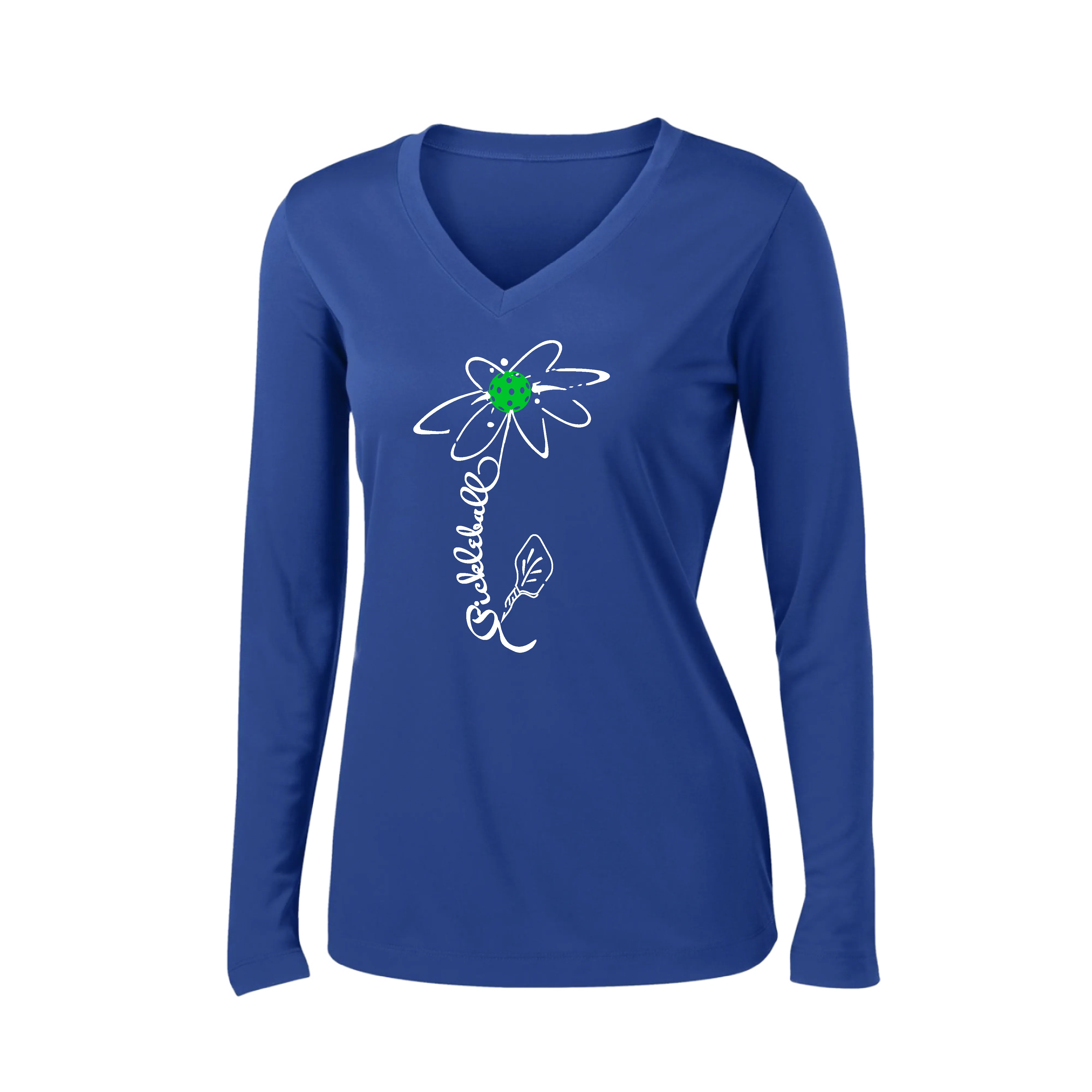 Pickleball Flower (Yellow, Cyan or Green) | Women’s Long Sleeve V-Neck Pickleball Shirt | 100% Polyester