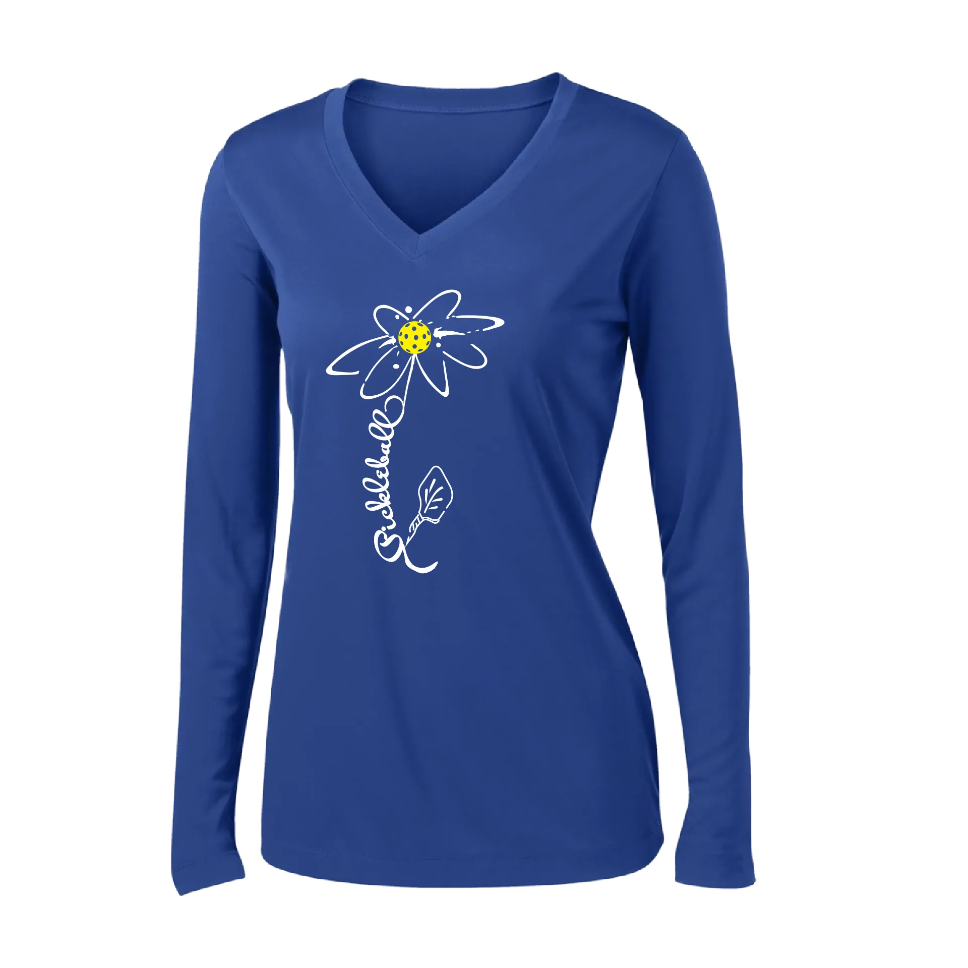 Pickleball Flower (Yellow, Cyan or Green) | Women’s Long Sleeve V-Neck Pickleball Shirt | 100% Polyester