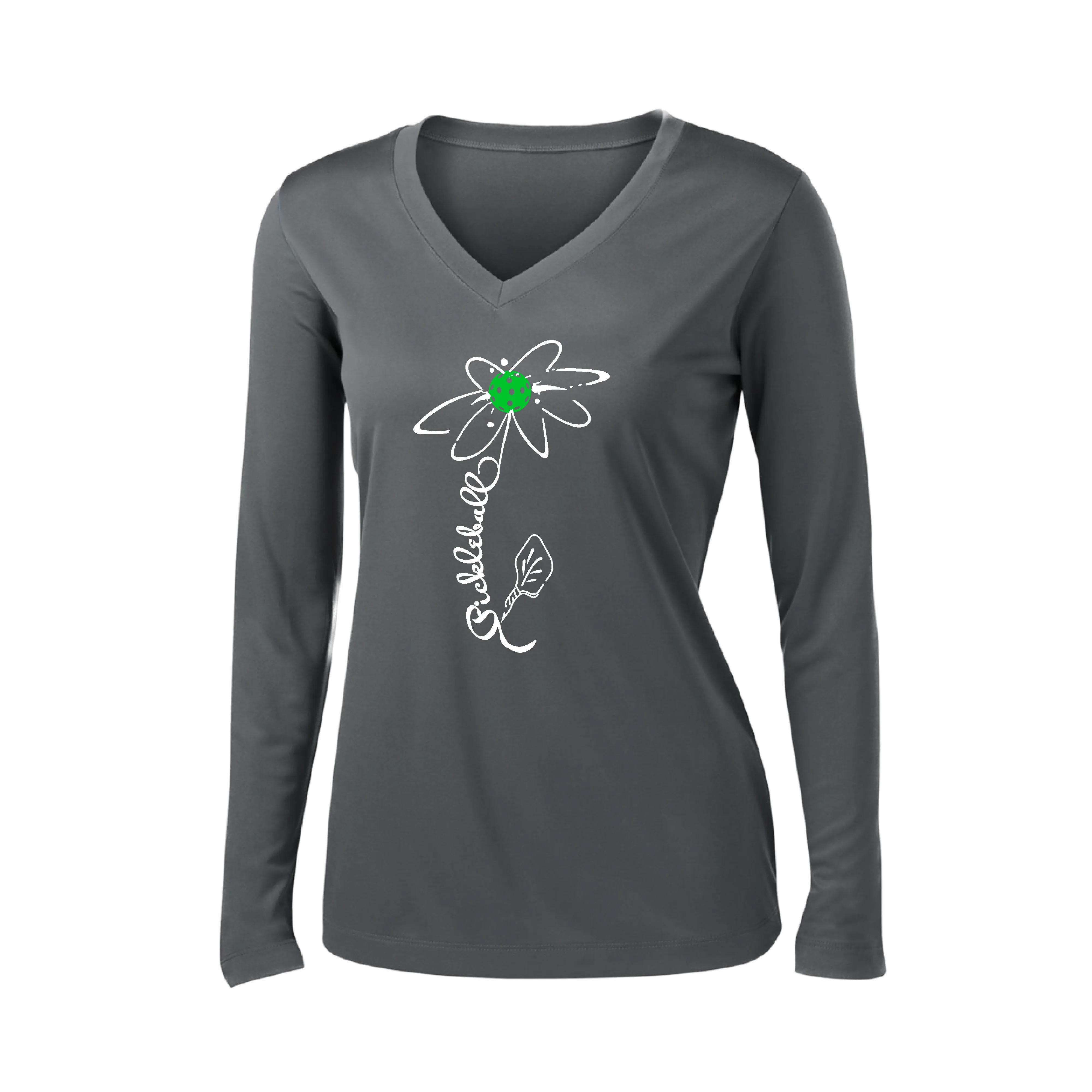 Pickleball Flower (Yellow, Cyan or Green) | Women’s Long Sleeve V-Neck Pickleball Shirt | 100% Polyester