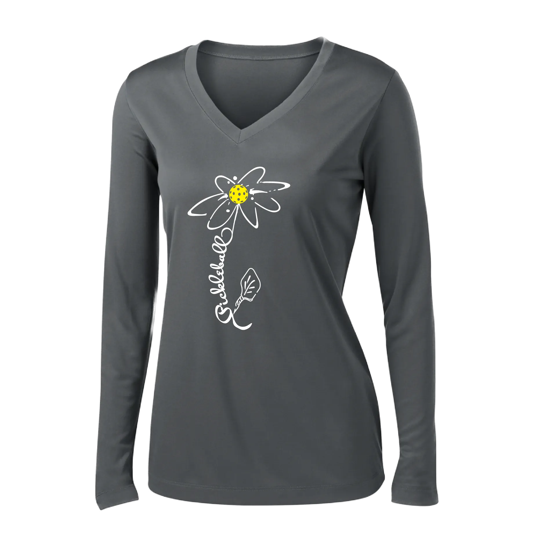 Pickleball Flower (Yellow, Cyan or Green) | Women’s Long Sleeve V-Neck Pickleball Shirt | 100% Polyester