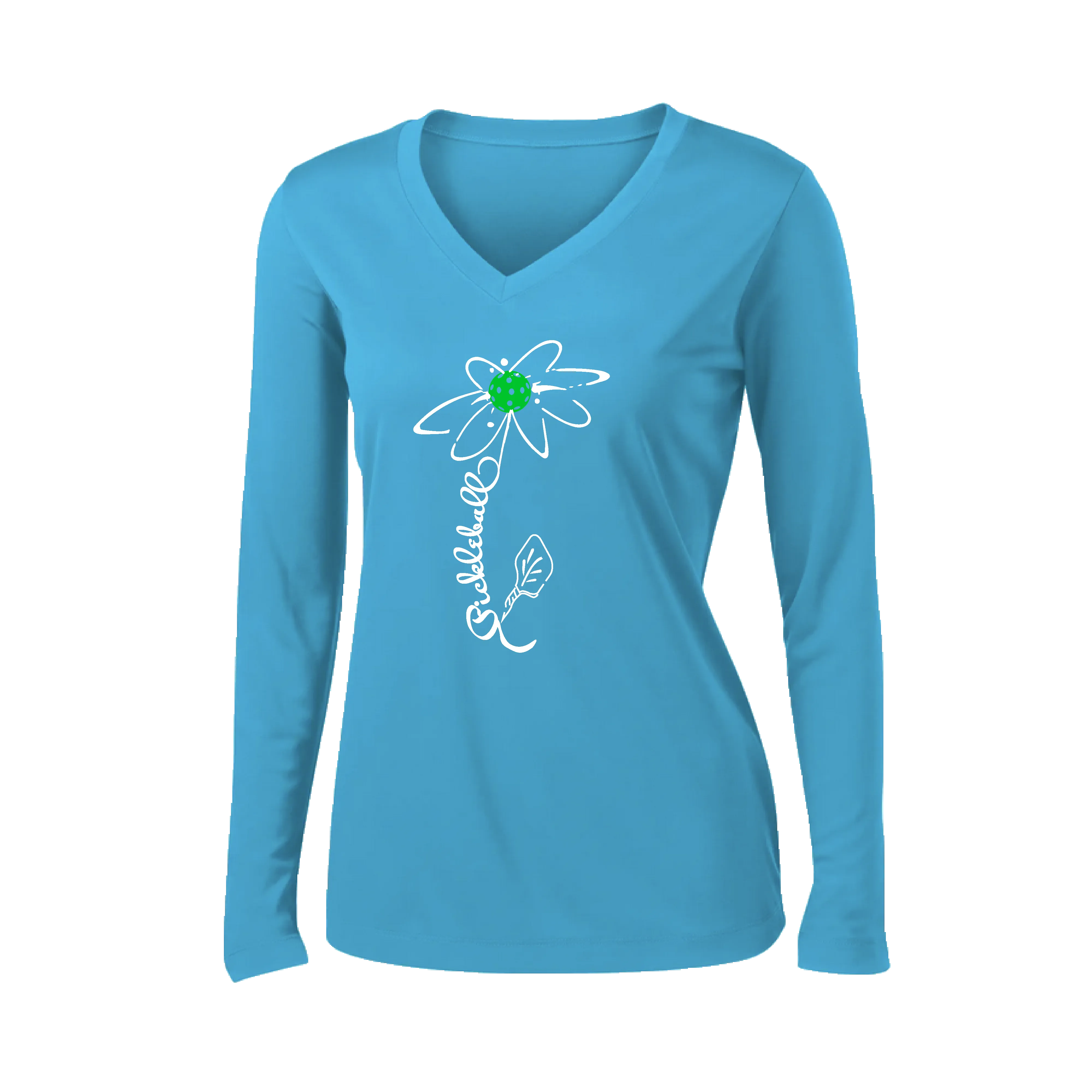 Pickleball Flower (Yellow, Cyan or Green) | Women’s Long Sleeve V-Neck Pickleball Shirt | 100% Polyester