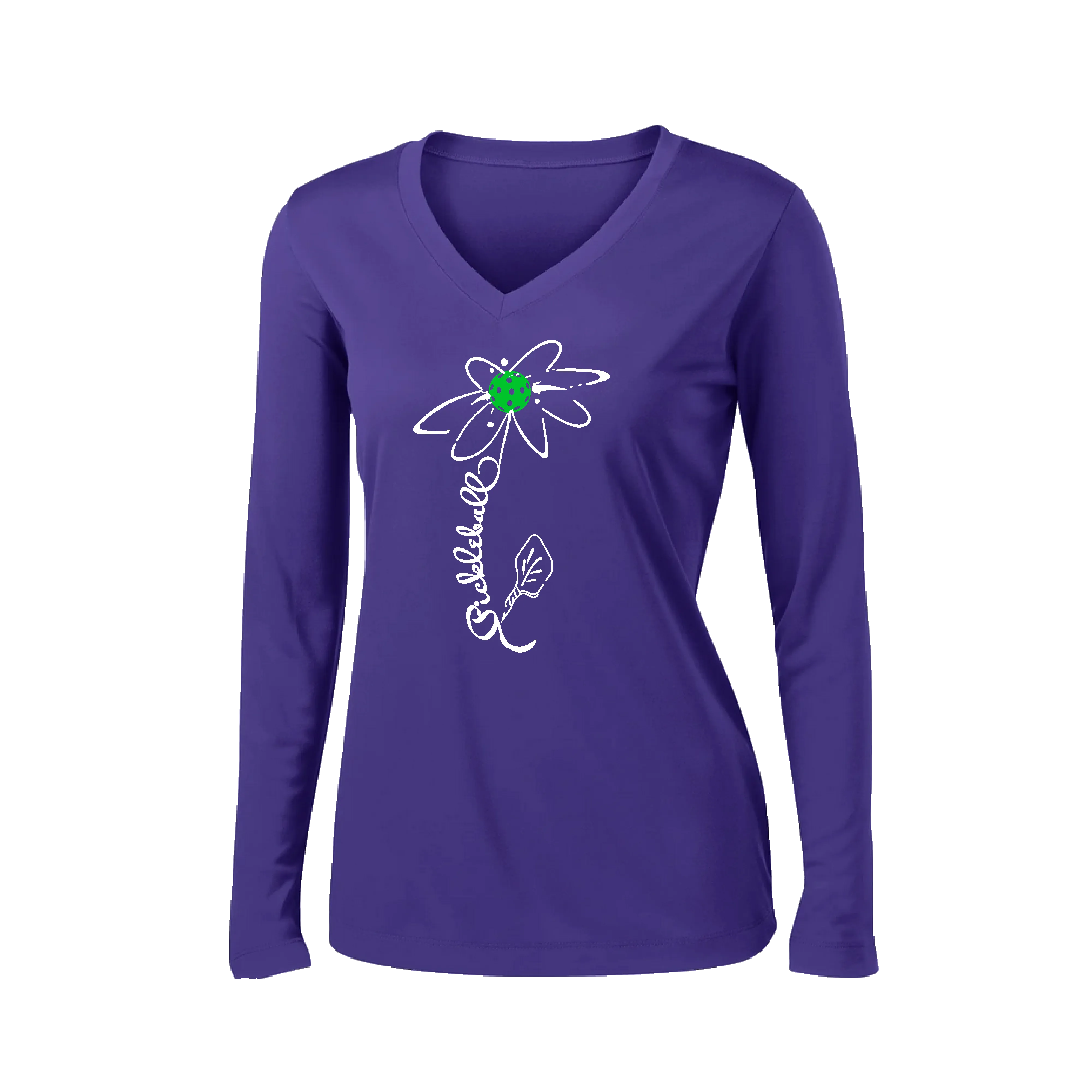 Pickleball Flower (Yellow, Cyan or Green) | Women’s Long Sleeve V-Neck Pickleball Shirt | 100% Polyester