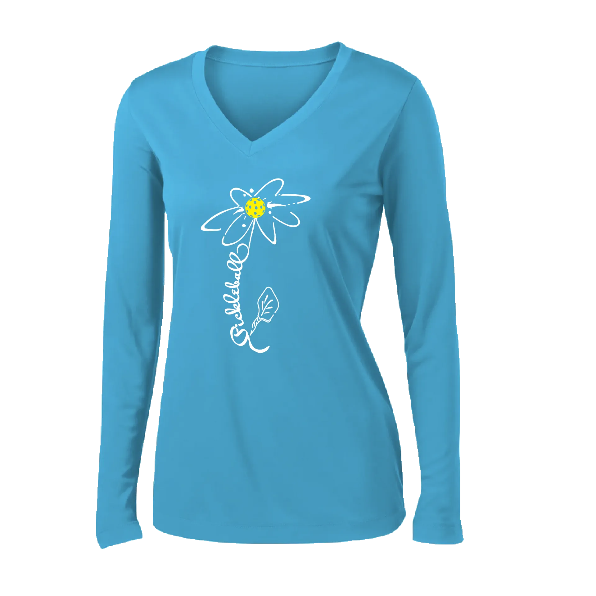 Pickleball Flower (Yellow, Cyan or Green) | Women’s Long Sleeve V-Neck Pickleball Shirt | 100% Polyester