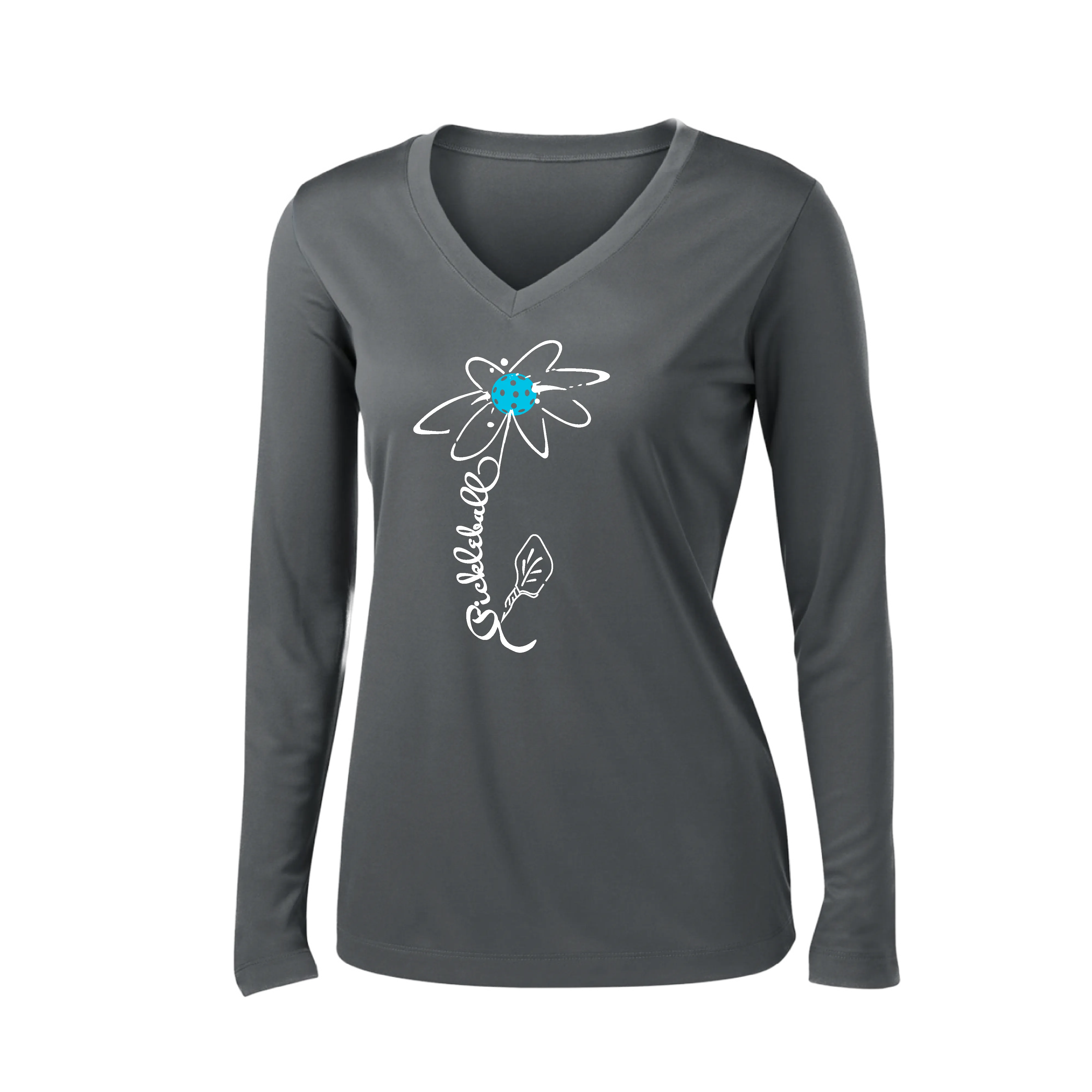 Pickleball Flower (Yellow, Cyan or Green) | Women’s Long Sleeve V-Neck Pickleball Shirt | 100% Polyester