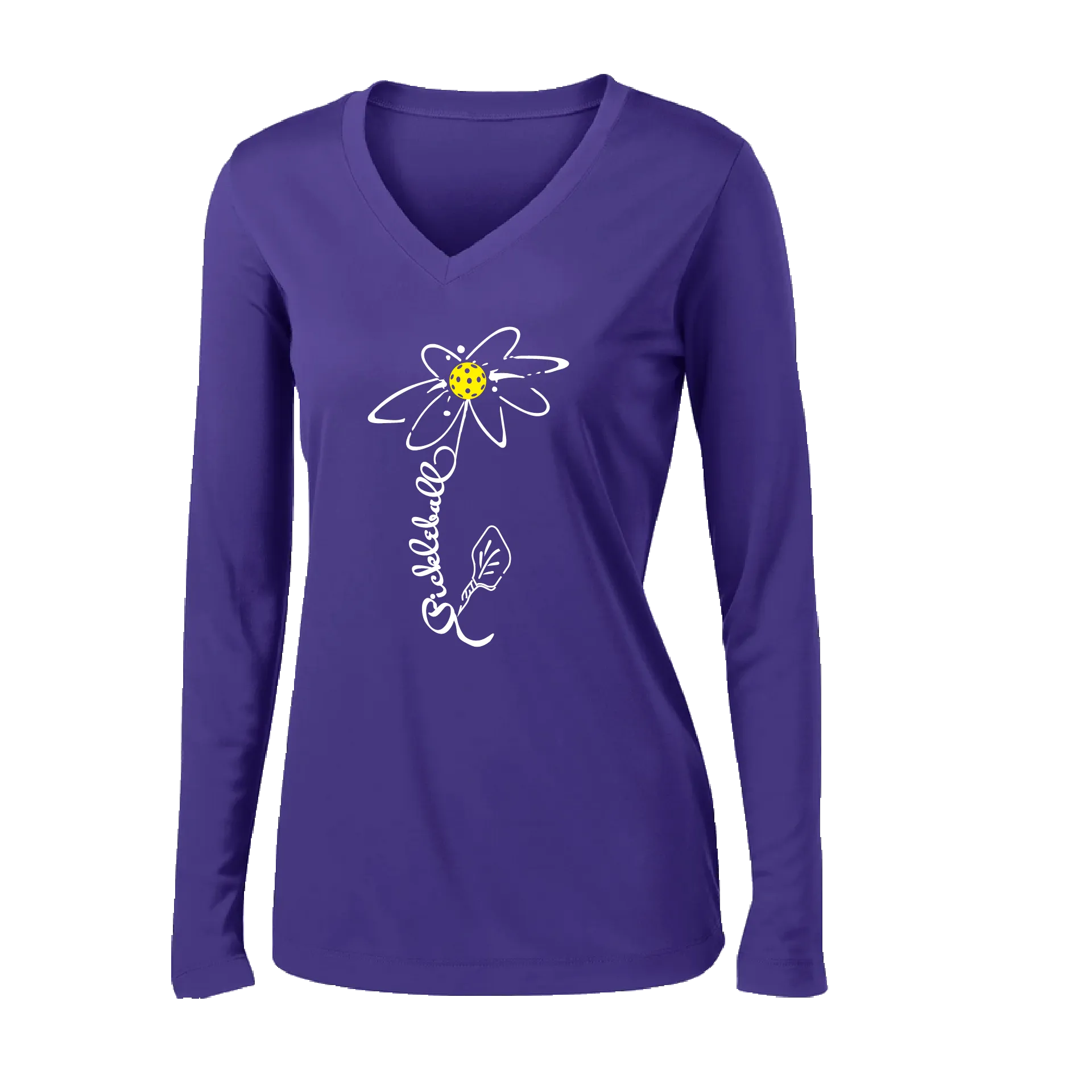 Pickleball Flower (Yellow, Cyan or Green) | Women’s Long Sleeve V-Neck Pickleball Shirt | 100% Polyester