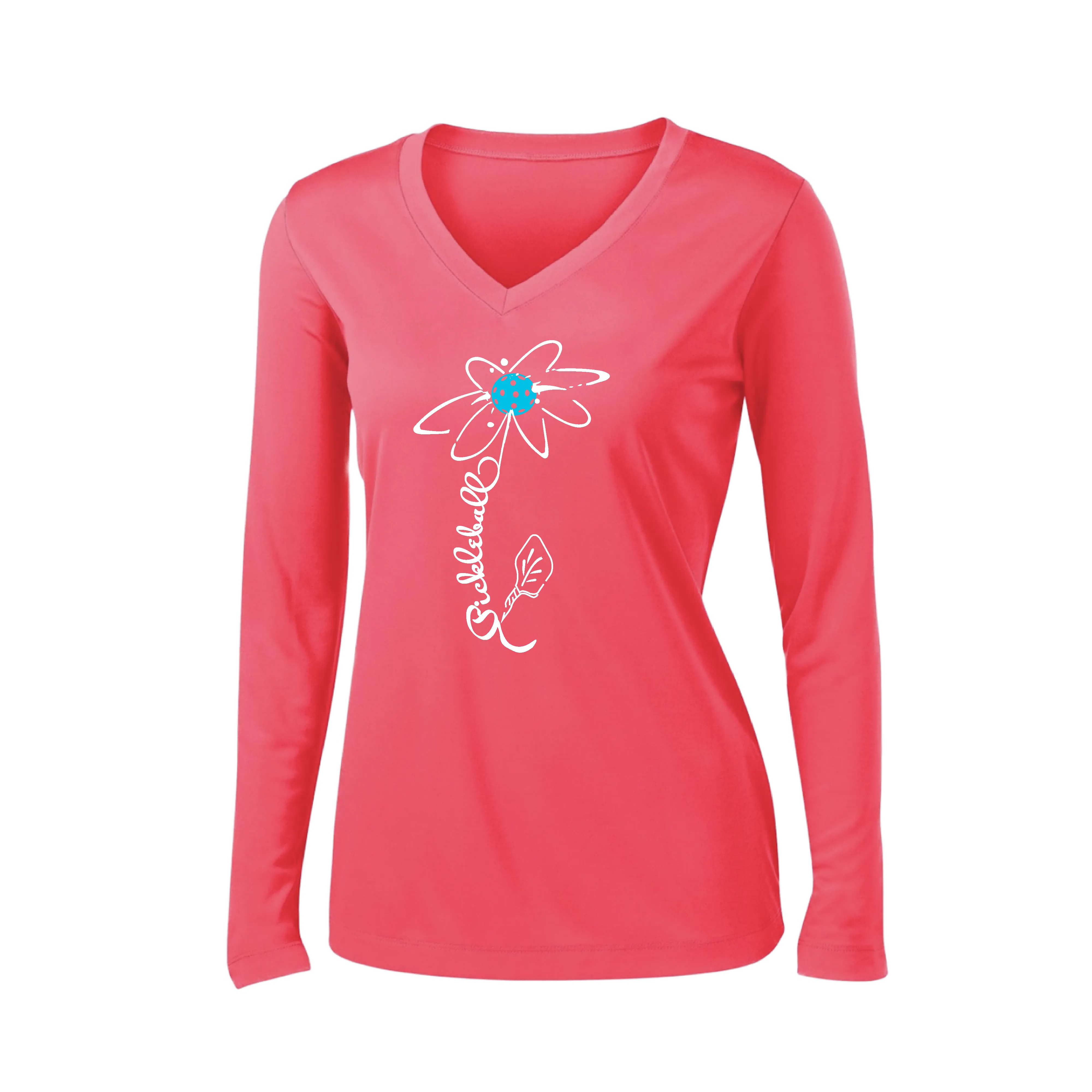 Pickleball Flower (Yellow, Cyan or Green) | Women’s Long Sleeve V-Neck Pickleball Shirt | 100% Polyester