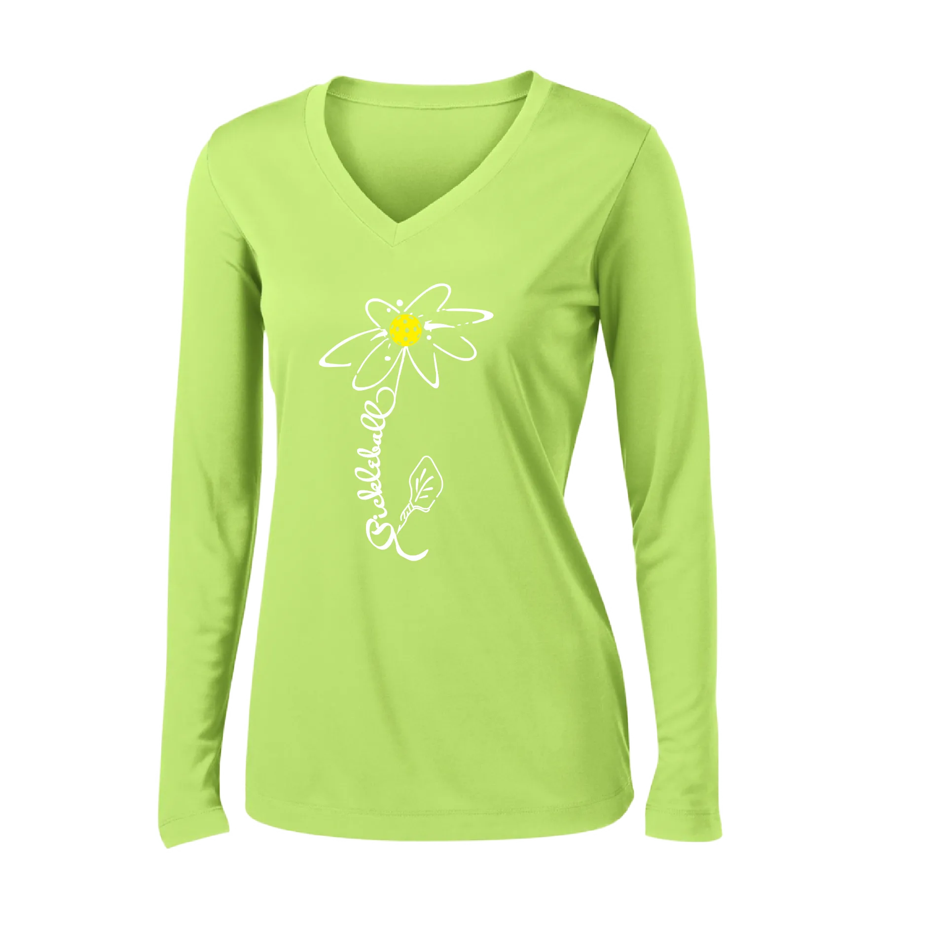 Pickleball Flower (Yellow, Cyan or Green) | Women’s Long Sleeve V-Neck Pickleball Shirt | 100% Polyester