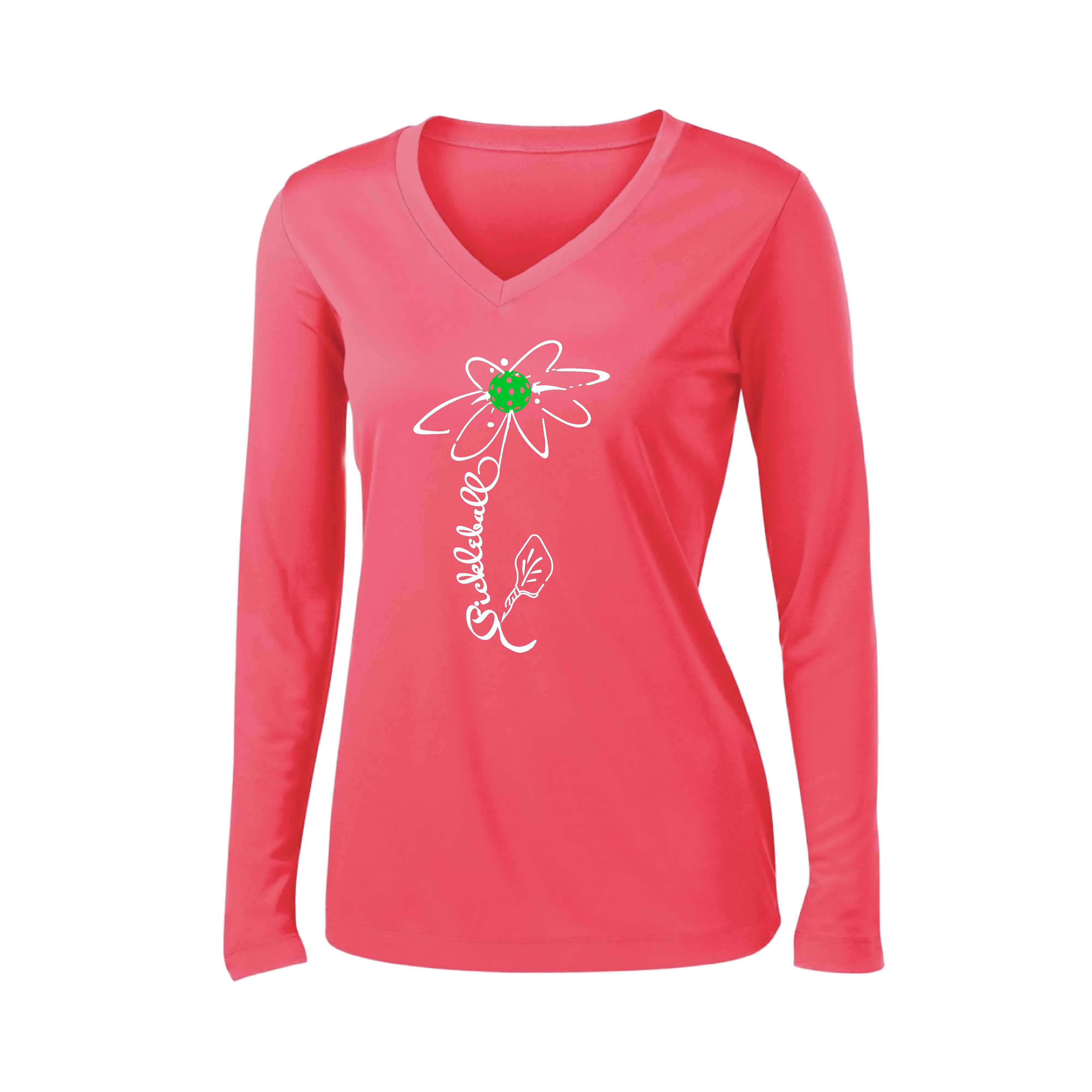 Pickleball Flower (Yellow, Cyan or Green) | Women’s Long Sleeve V-Neck Pickleball Shirt | 100% Polyester