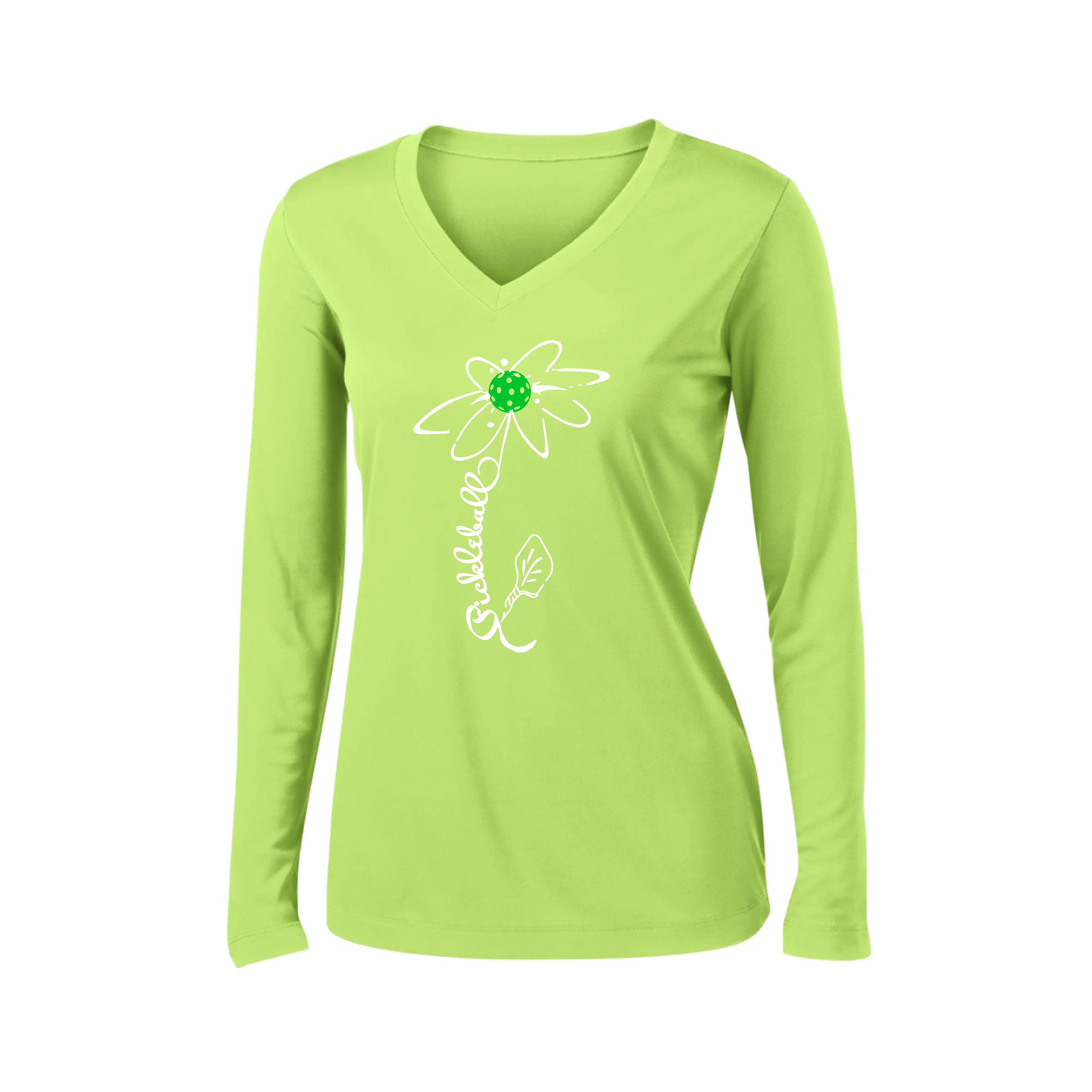 Pickleball Flower (Yellow, Cyan or Green) | Women’s Long Sleeve V-Neck Pickleball Shirt | 100% Polyester