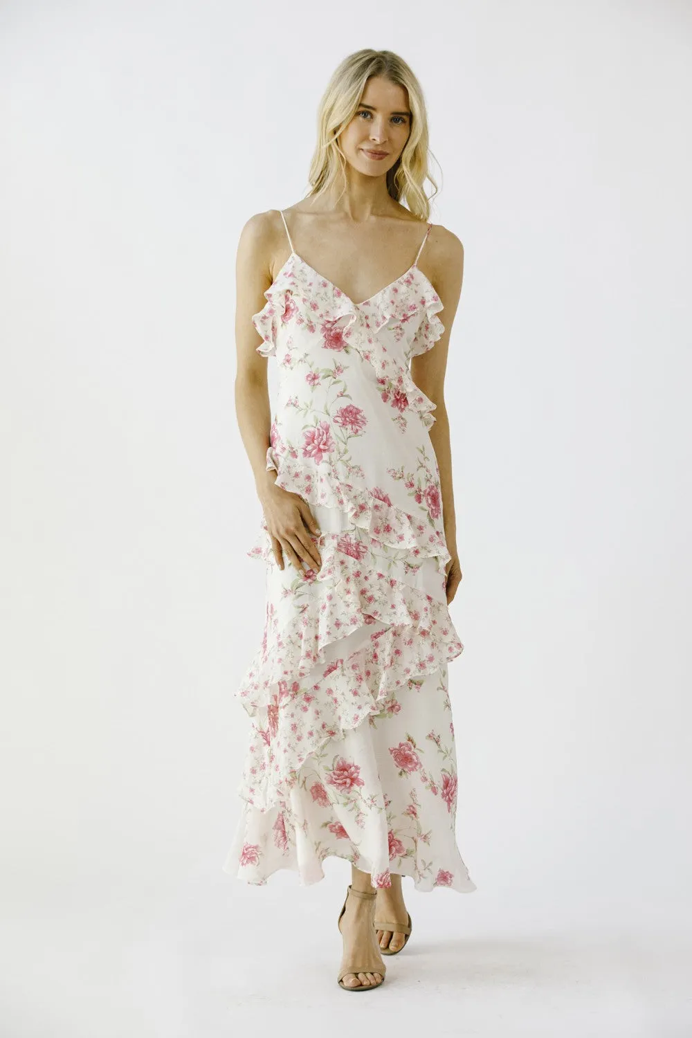 Pink Floral Ruffled Slip Dress