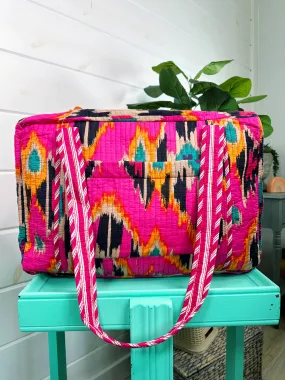 Pink Ikat Quilted Weekender Bag