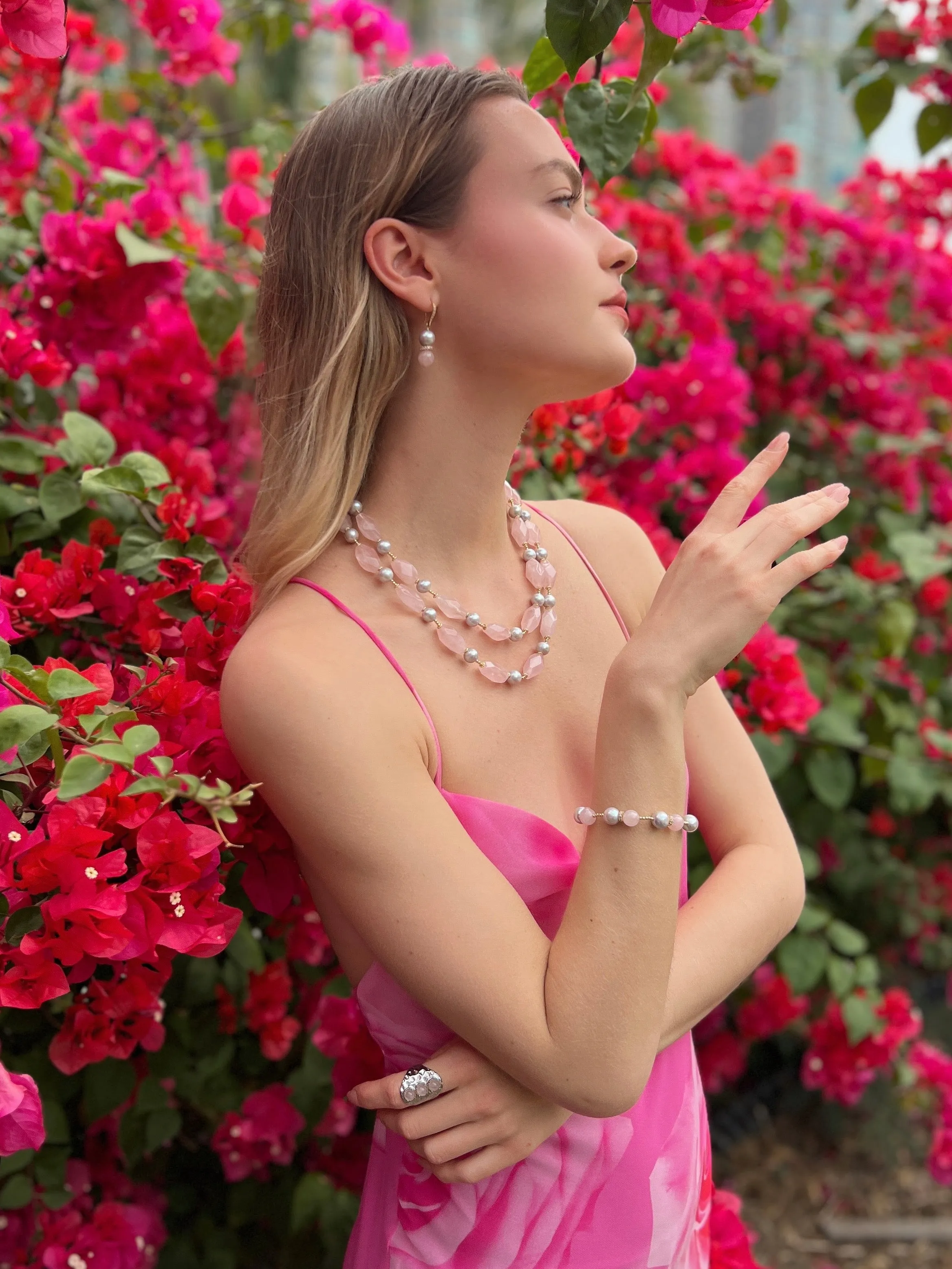 Pink Rose Quartz and Gray Freshwater Pearls Adjustable Bracelet LB003