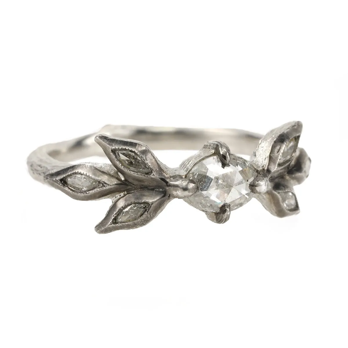 Platinum Oval Rosecut Diamond Ring with Marquise Diamond Leaves