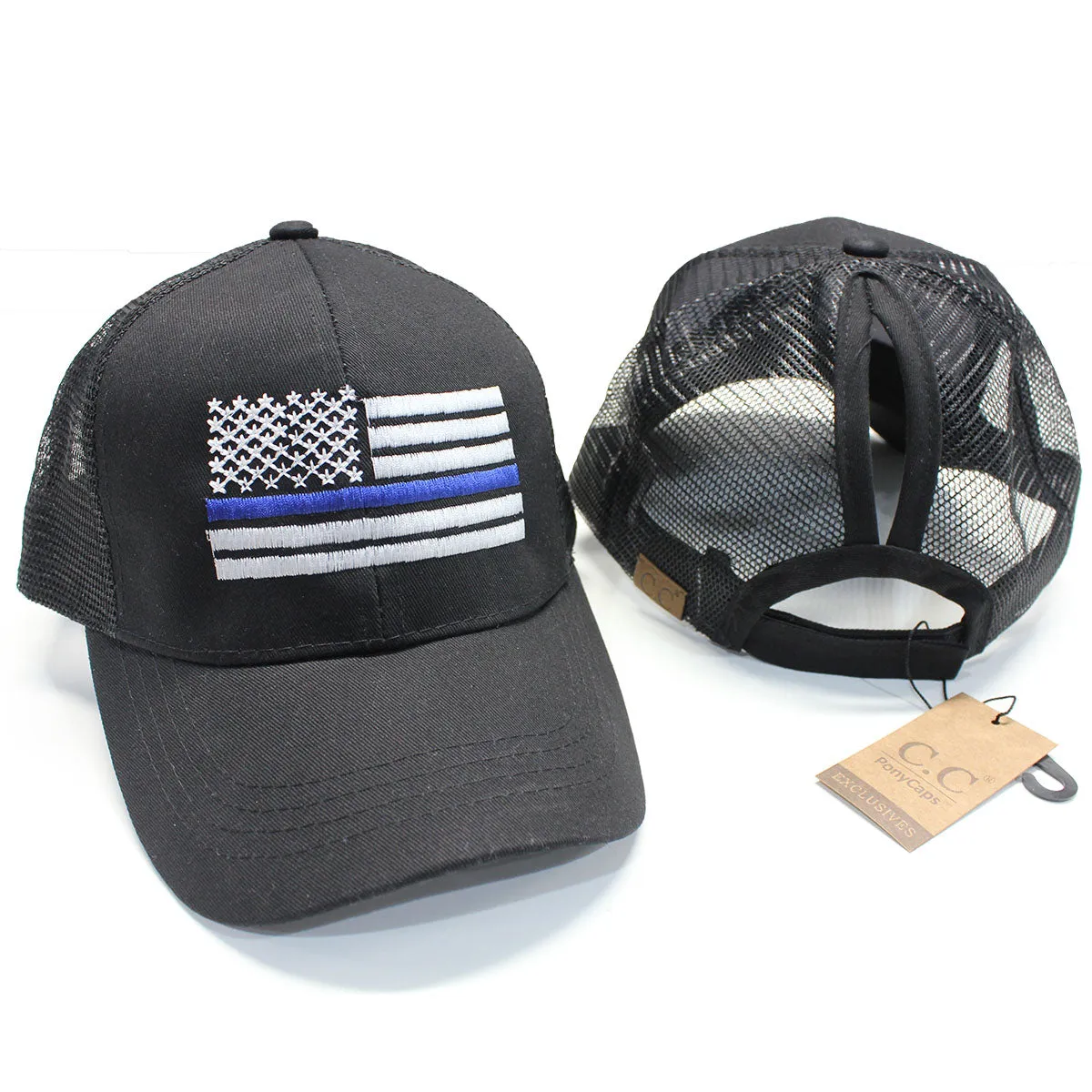 Ponytail Thin Blue Line American Flag Hat