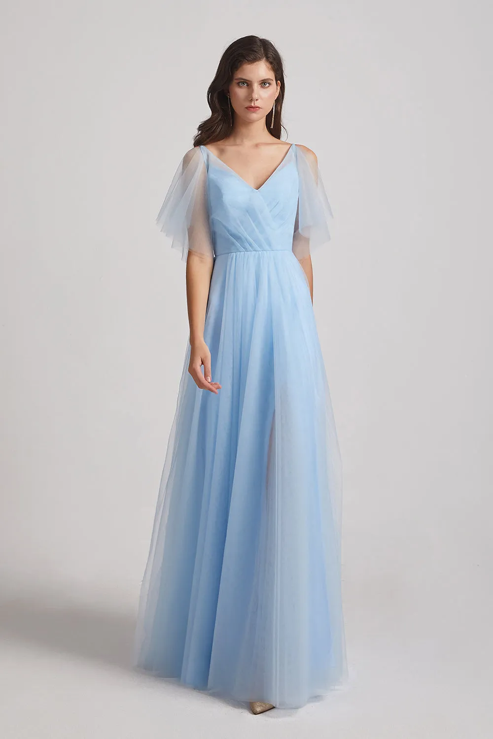 Princess V-Neck Long Flutter Sleeve Bridesmaid Dresses with Open Back (AF0038)