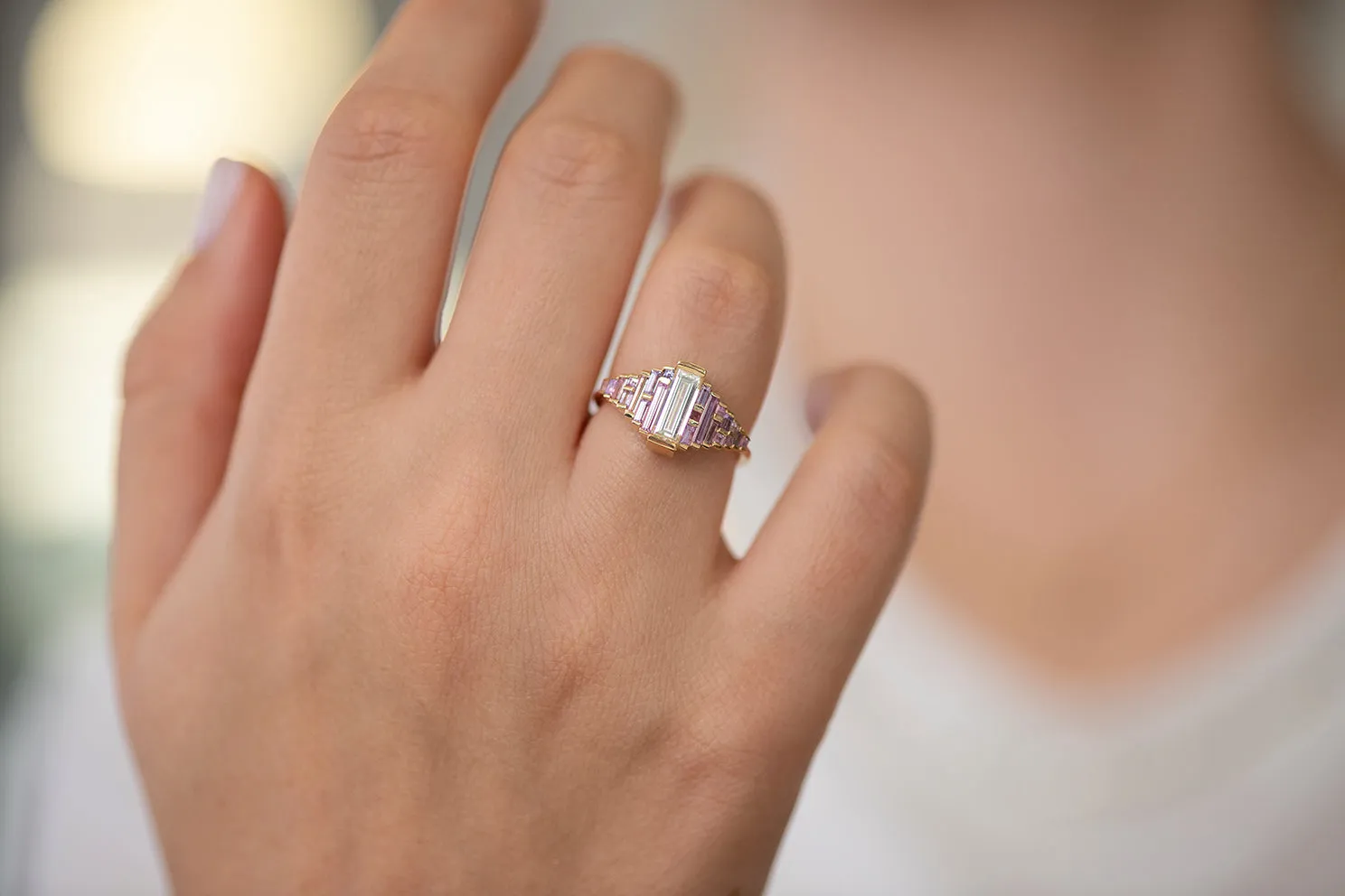 Purple and Lilac Sapphire Ring with Baguette Diamond