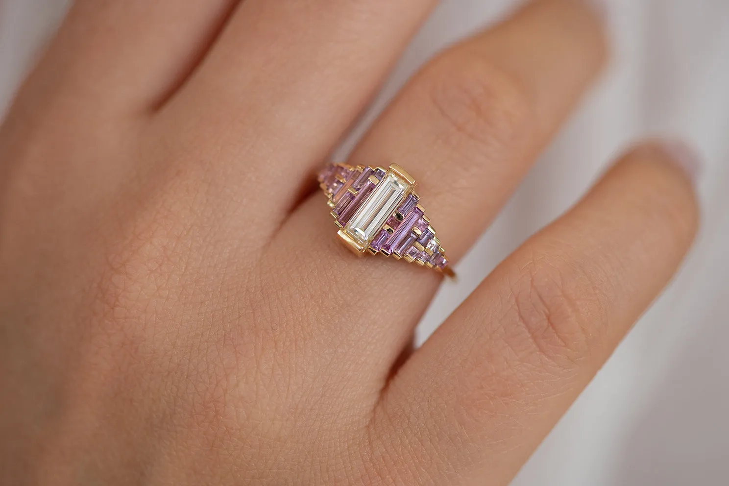 Purple and Lilac Sapphire Ring with Baguette Diamond