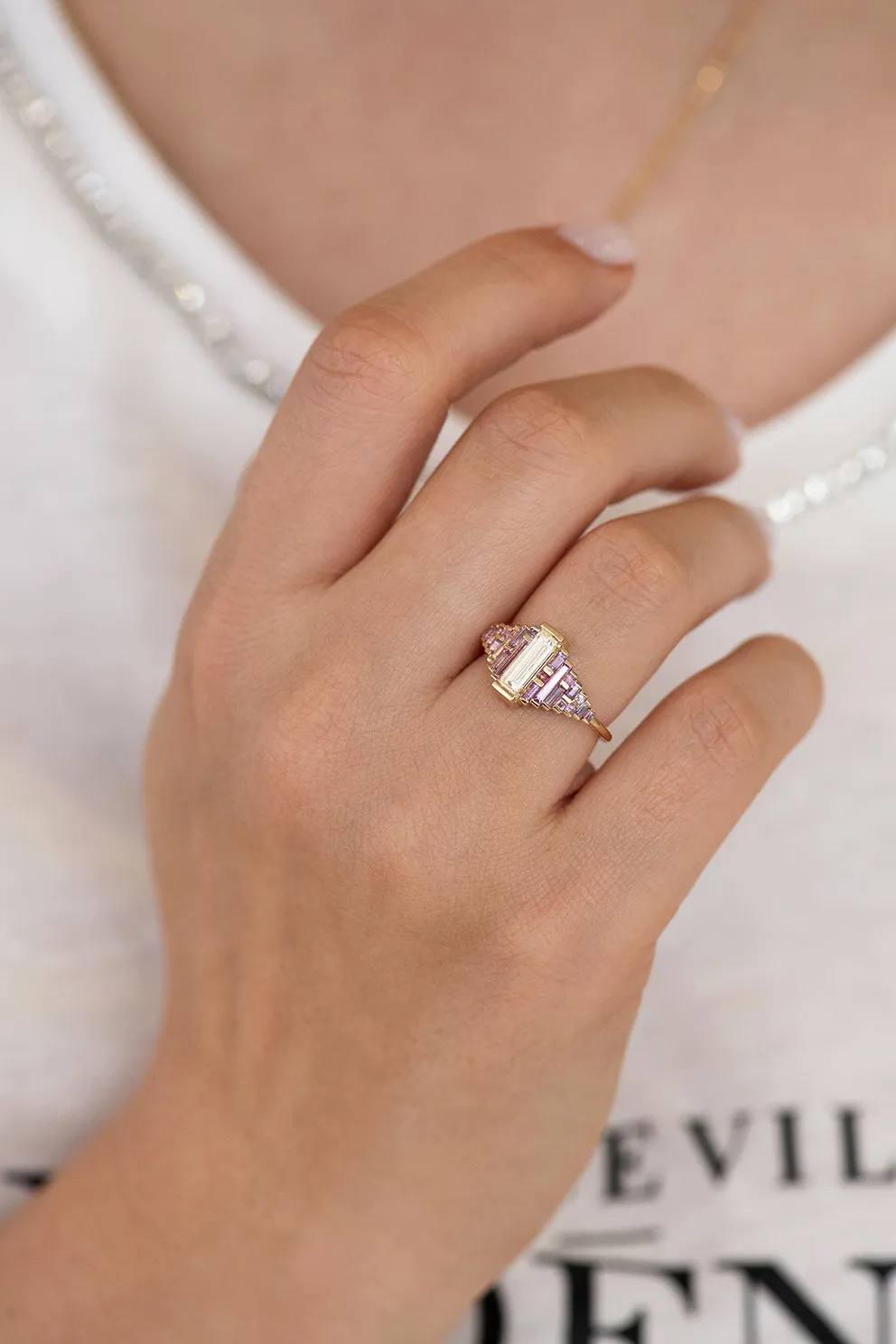 Purple and Lilac Sapphire Ring with Baguette Diamond