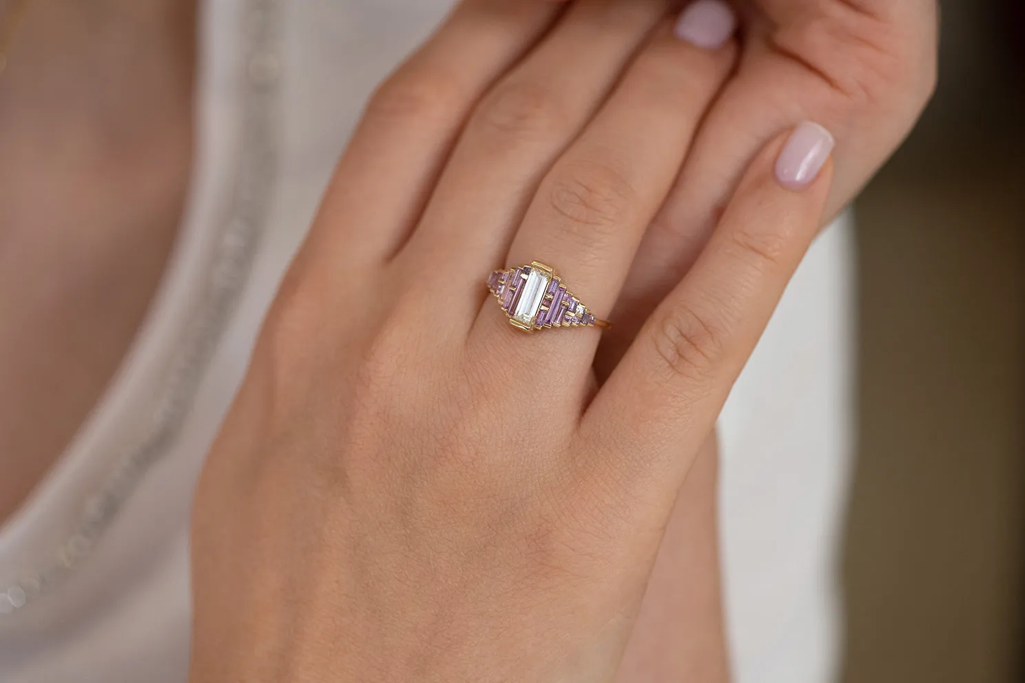 Purple and Lilac Sapphire Ring with Baguette Diamond