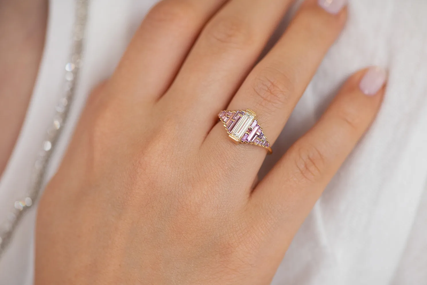 Purple and Lilac Sapphire Ring with Baguette Diamond