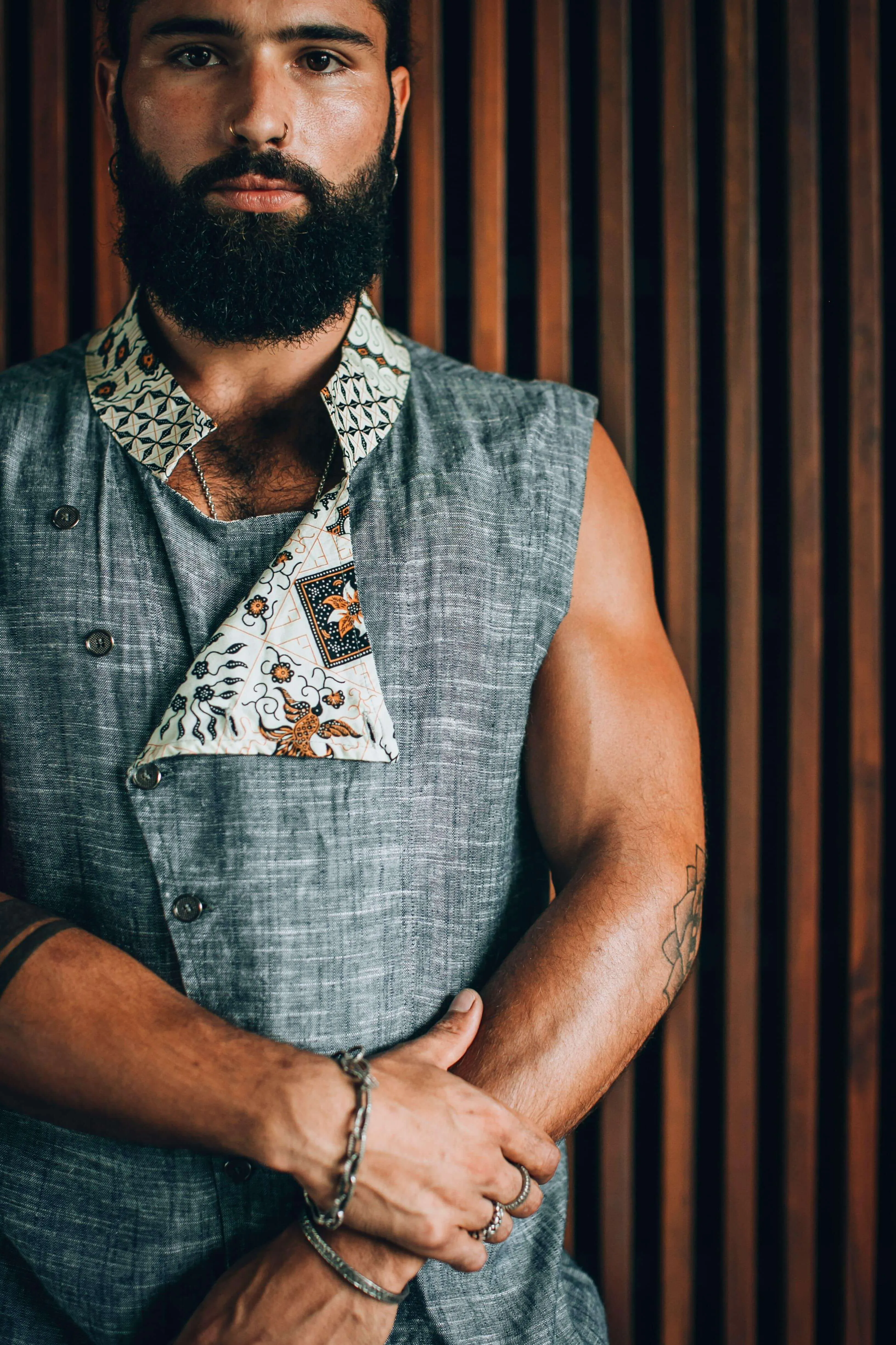 QI VEST - Asymmetric Linen Button Up Vest with Bali Batik