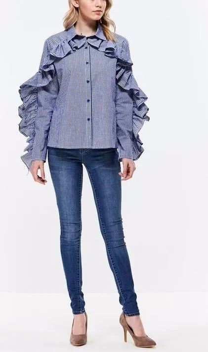 Ruffled Sleeves Checkered Blouse