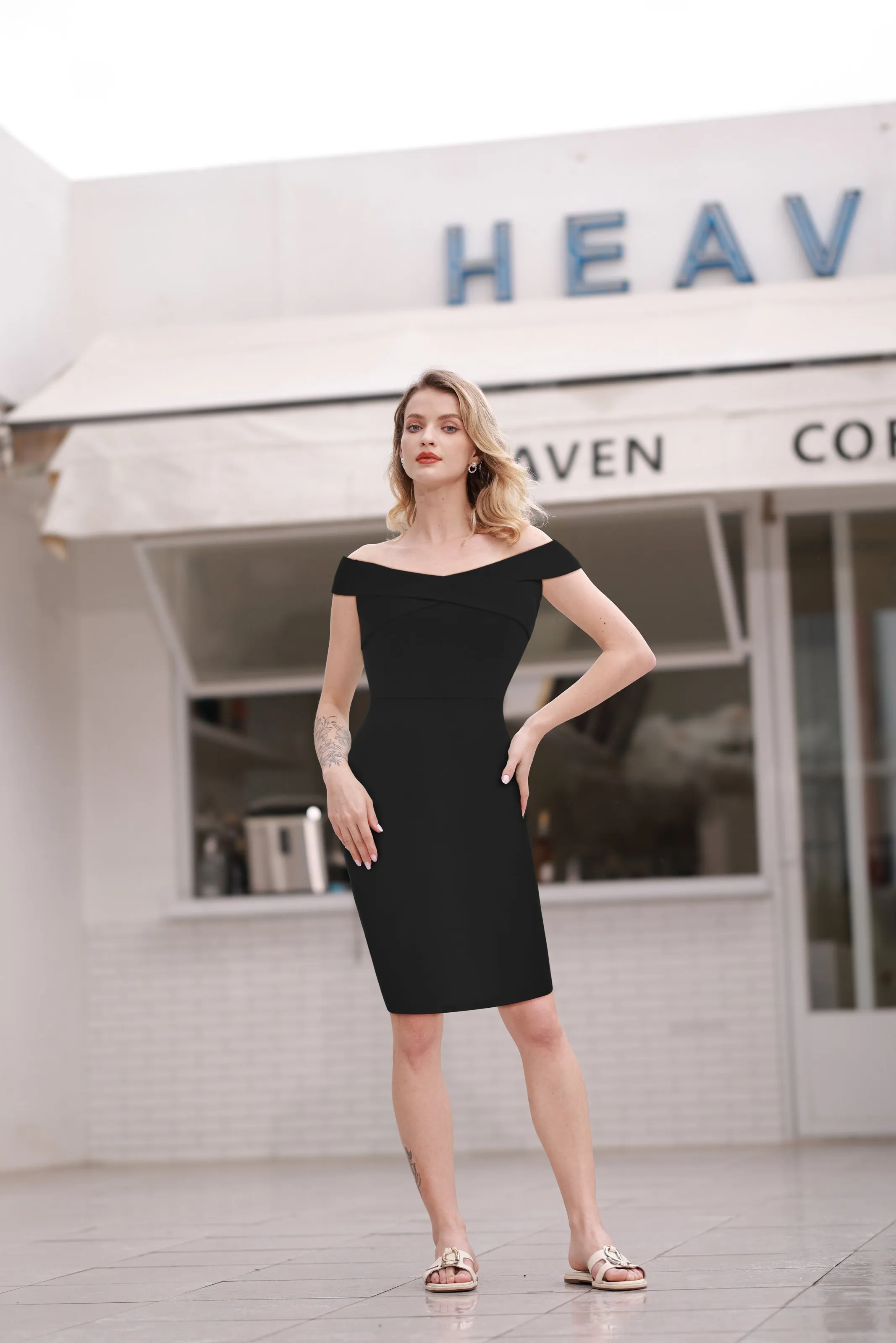 Seckill Offer⌛Vintage Off Shoulder V Neck Bodycon Pencil Dress Short Sleeve Homecoming Bodycon Dress Work Cocktail