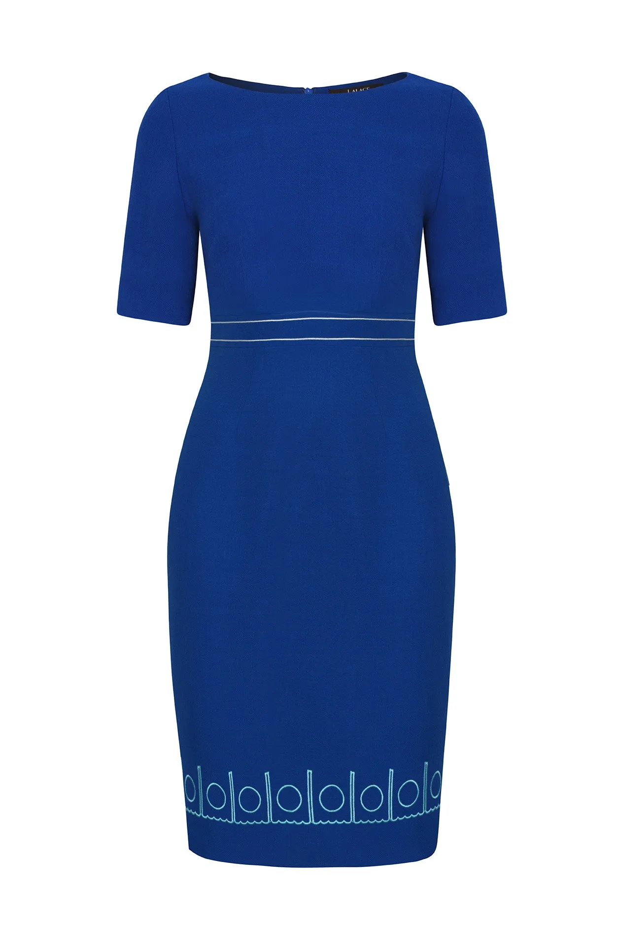 Short Sleeve Dress in Royal Blue with Turquoise Embroidered Border and Waistband Detail - Anita