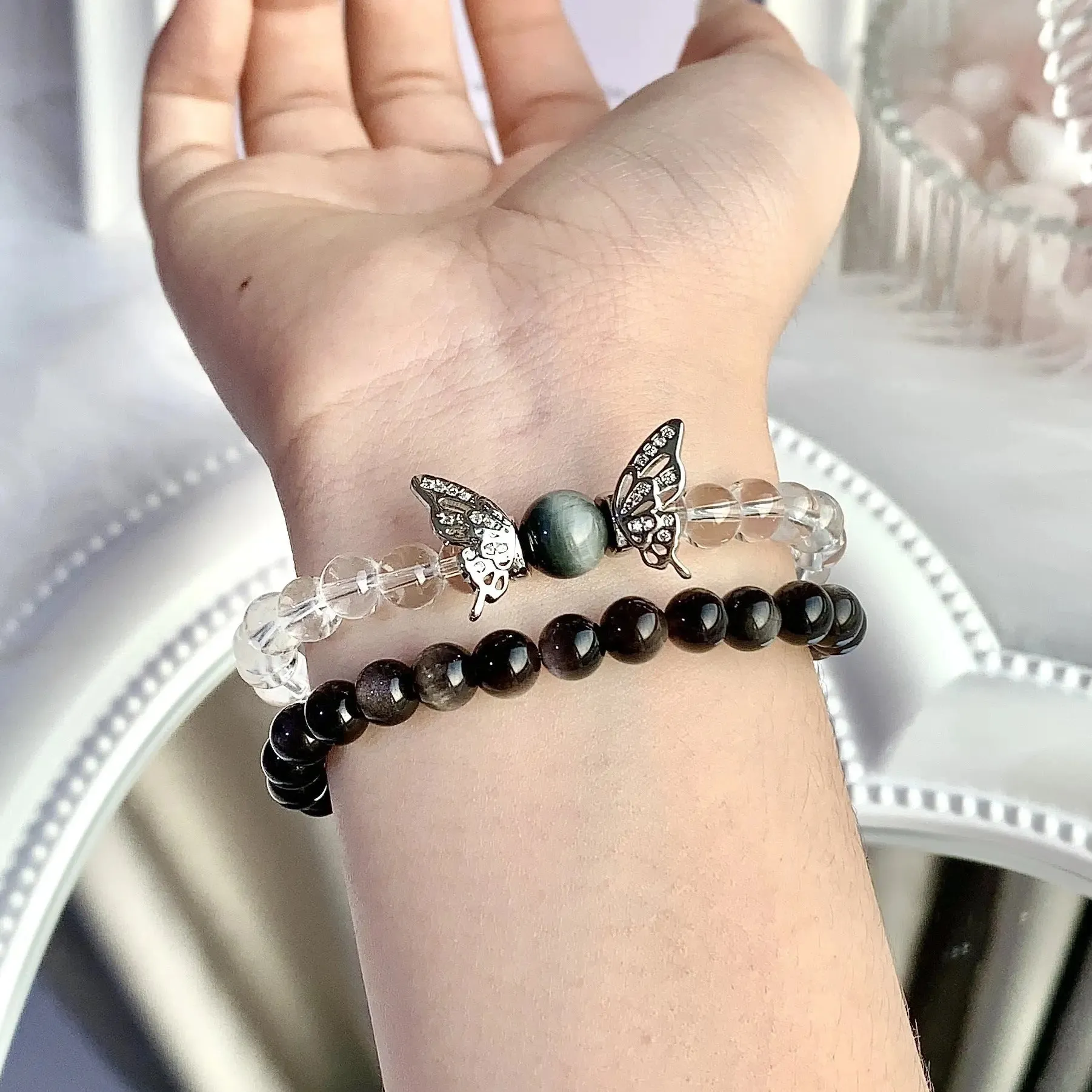 Silver Obsidian Butterfly Clear Quartz Bracelet