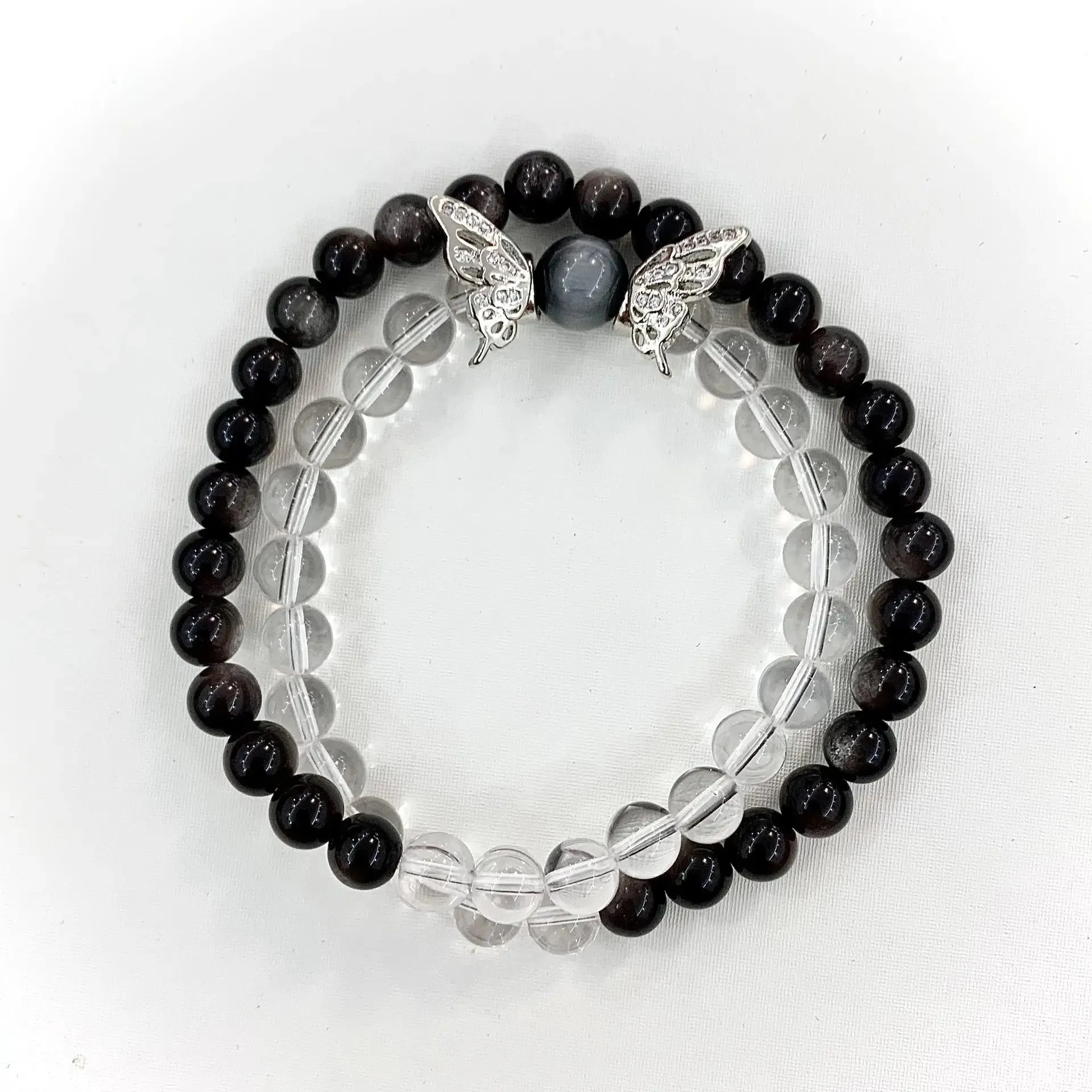 Silver Obsidian Butterfly Clear Quartz Bracelet